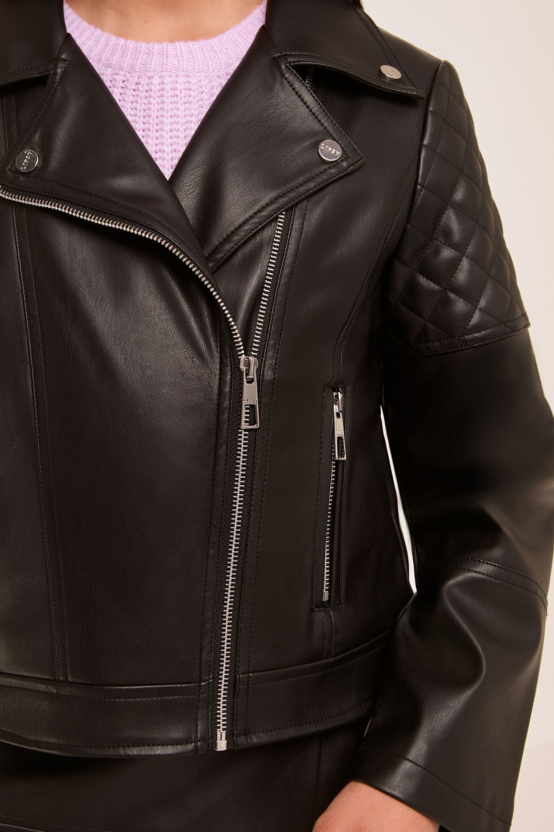 Lipsy Black Quilted Faux Leather Biker Jacket