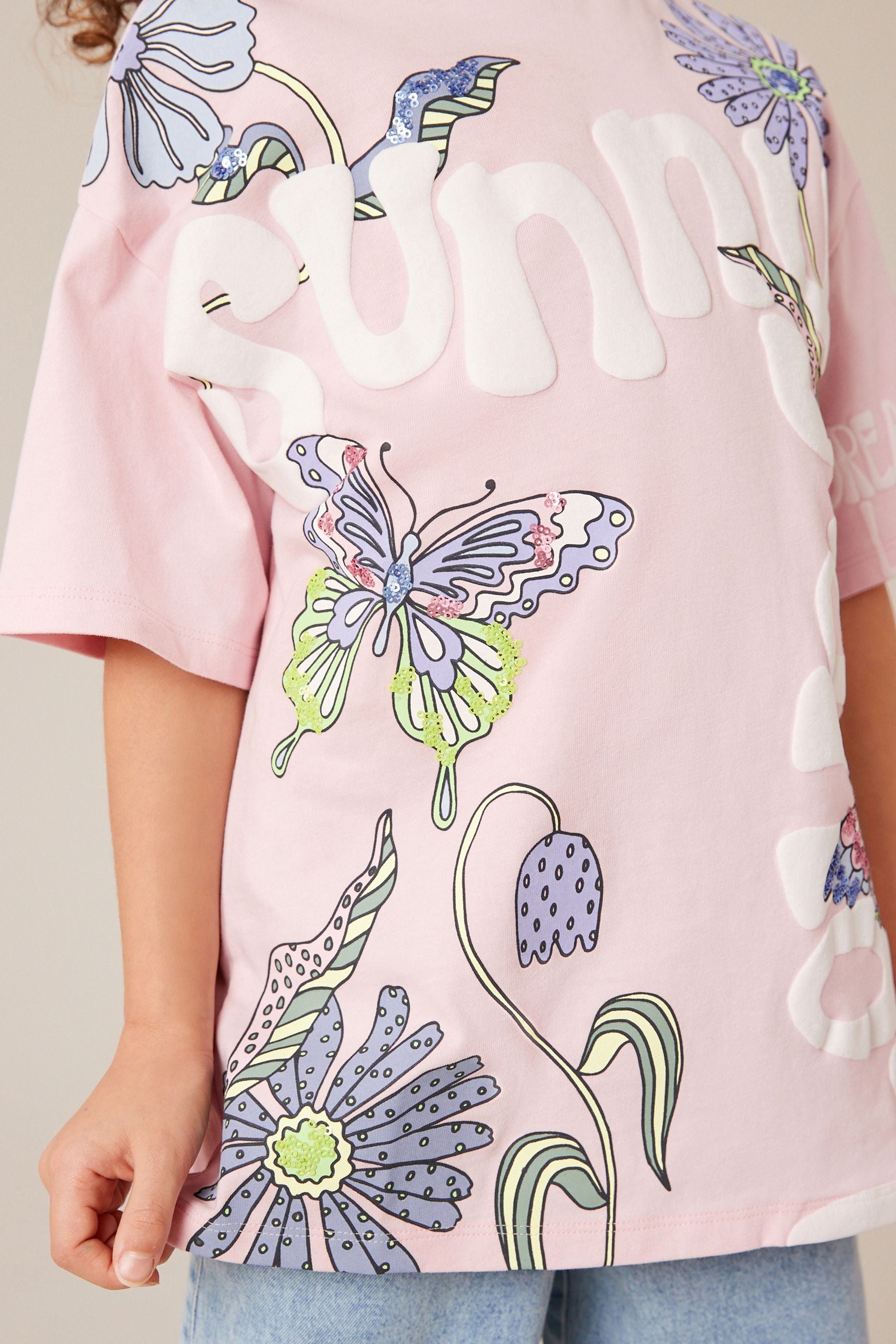 Pink Oversized Embellished Graphic T-Shirt (3-16yrs)