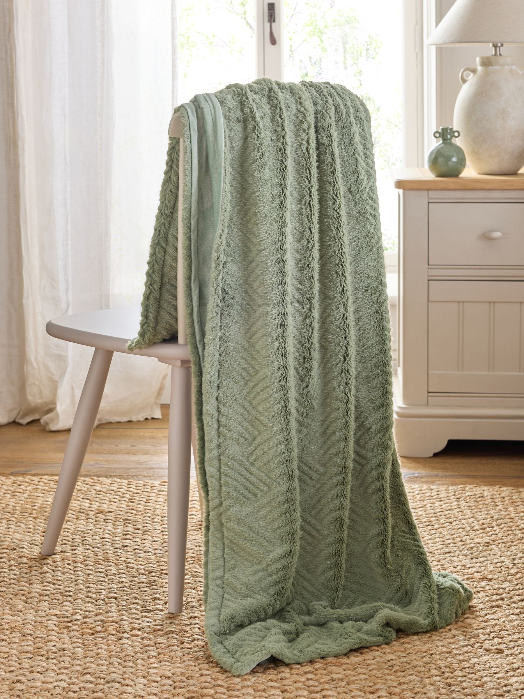 Sage Green Basset Embossed Faux Fur Throw