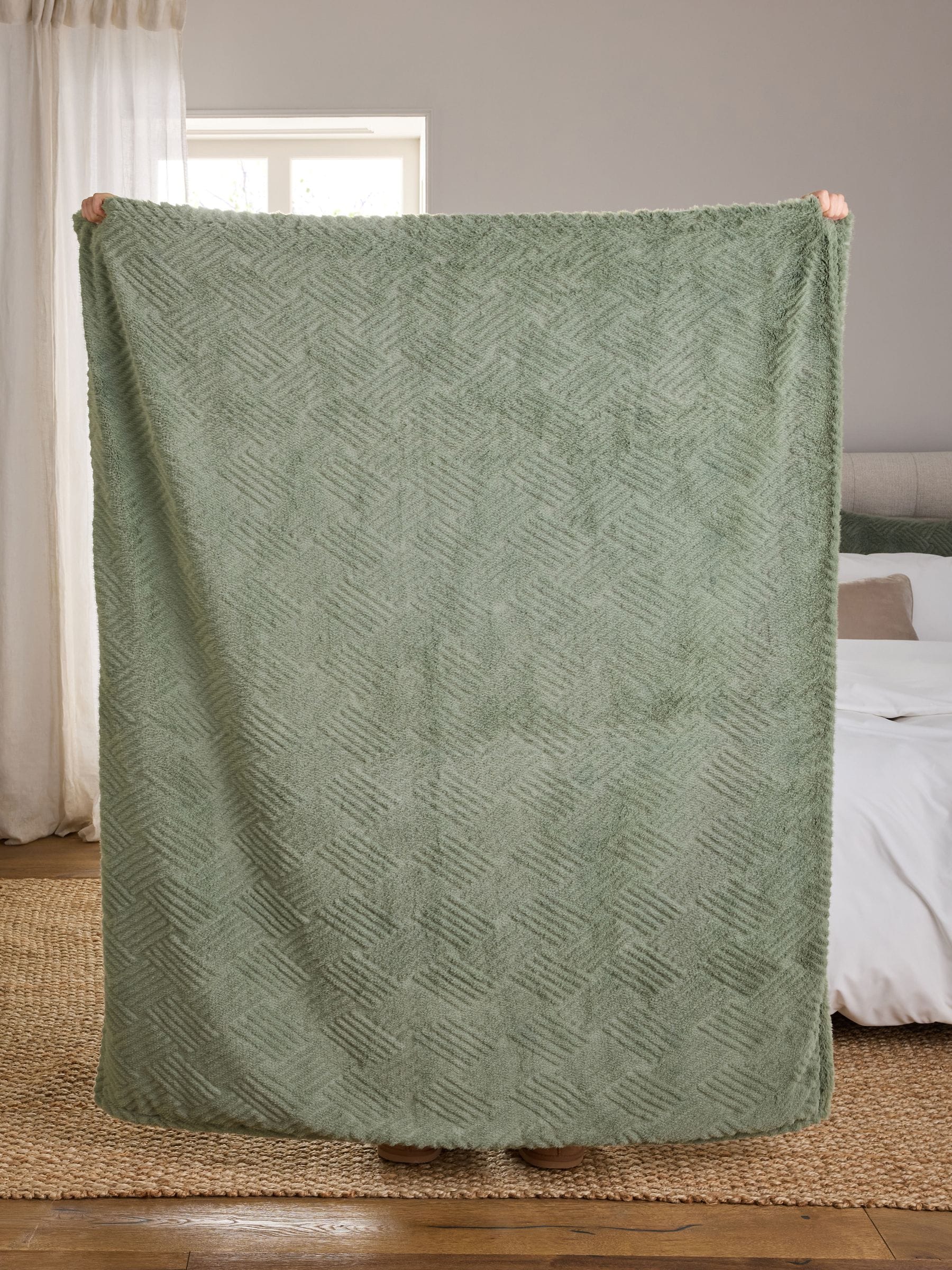 Sage Green Basset Embossed Faux Fur Throw