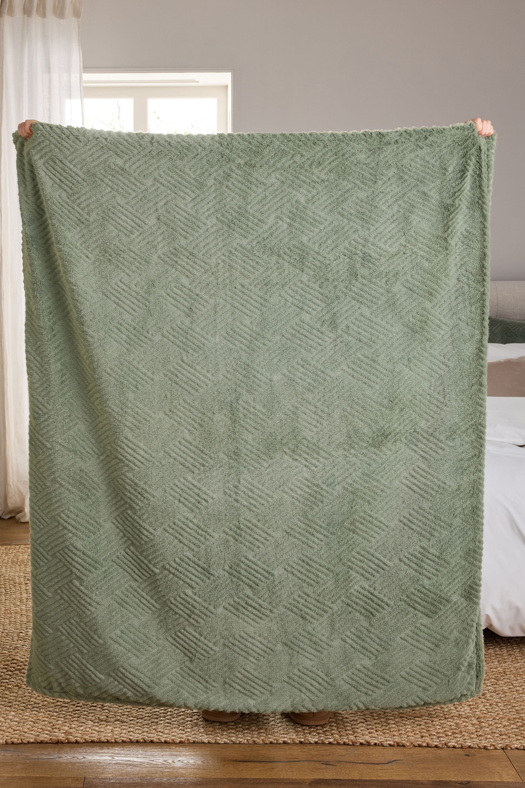 Sage Green Basset Embossed Faux Fur Throw