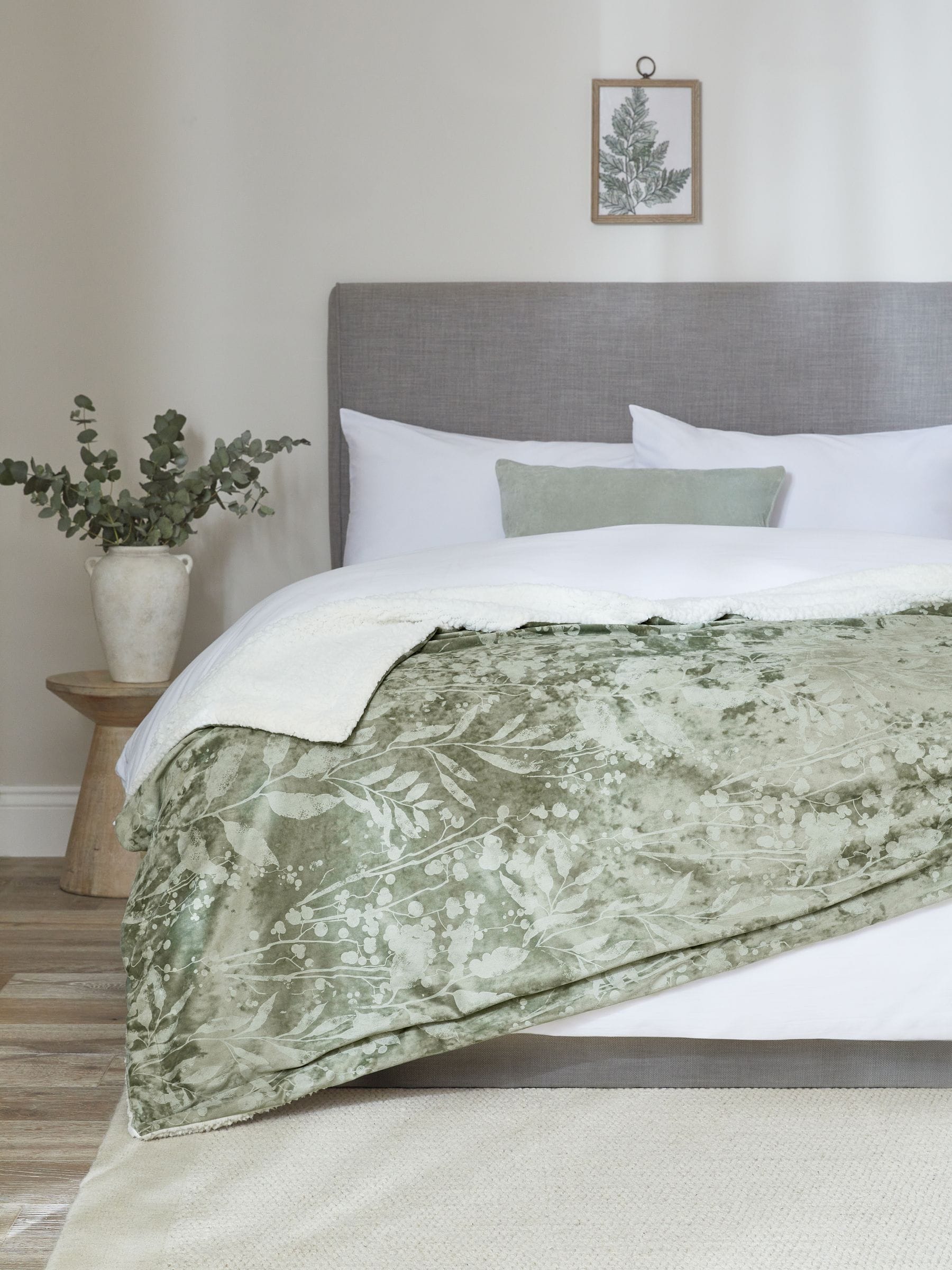 Sage Green Floral Print Sherpa Throw