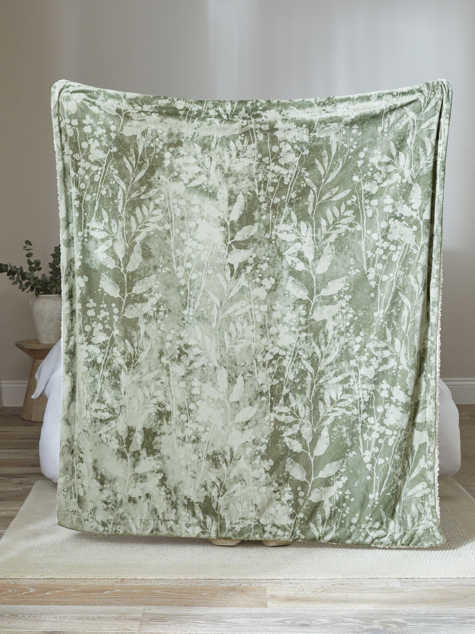 Sage Green Floral Print Sherpa Throw