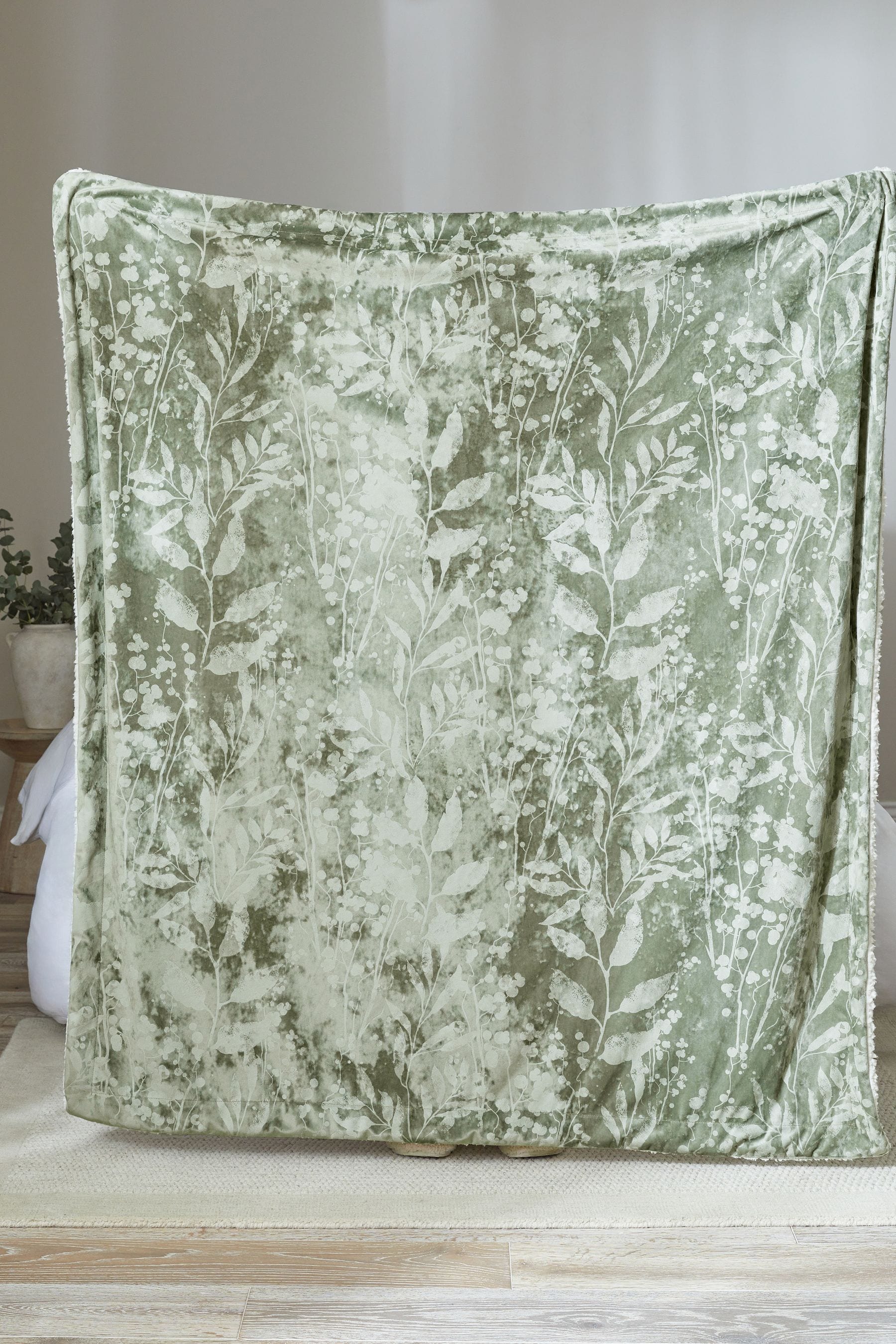 Sage Green Floral Print Sherpa Throw