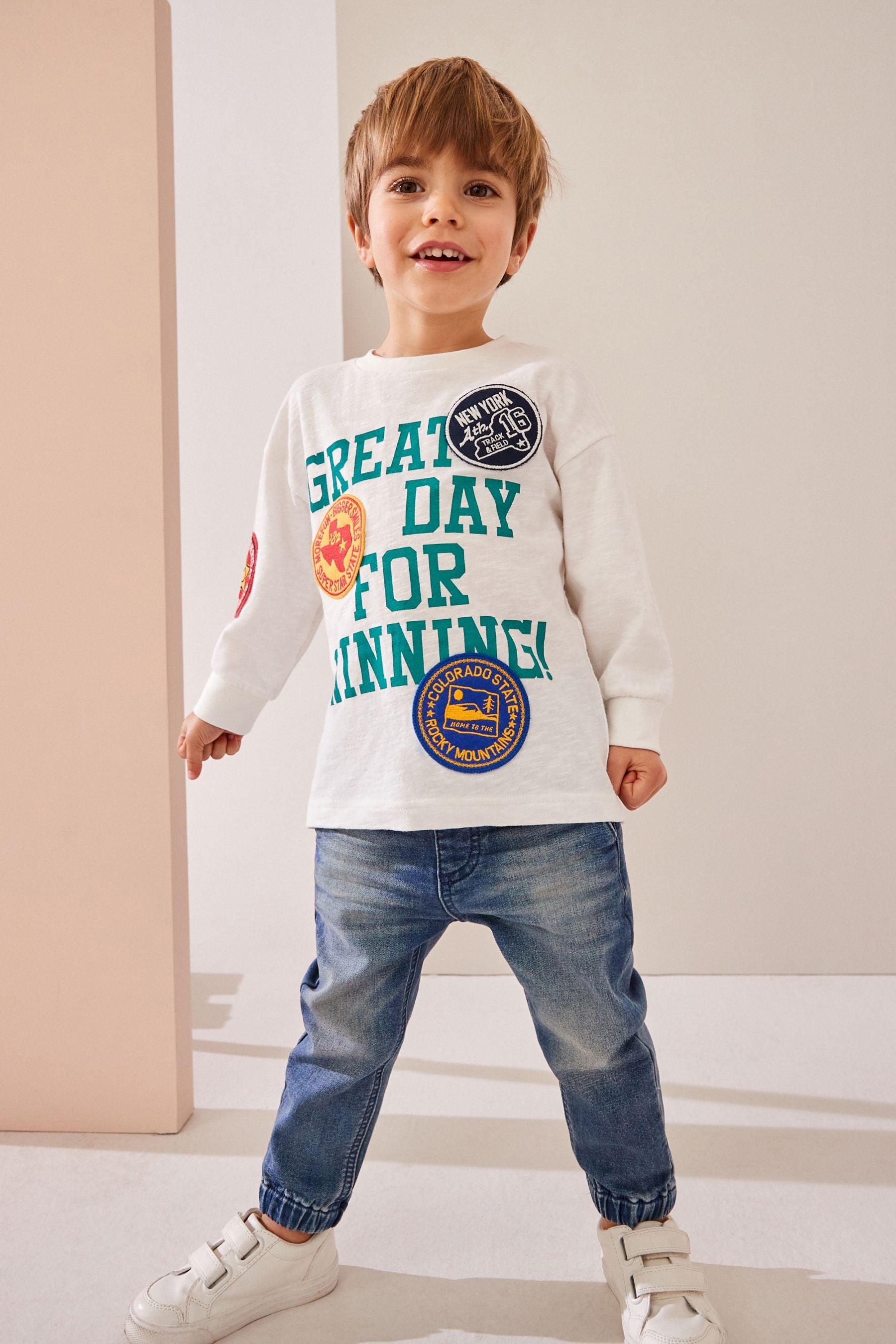 White Badges 100% Cotton Long Sleeve Varsity T-Shirt (3mths-7yrs)