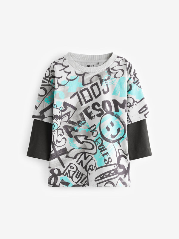 Grey/Blue Skate Sleeve Print Long Sleeve Graffiti 100% Cotton T-Shirt (3mths-7yrs)