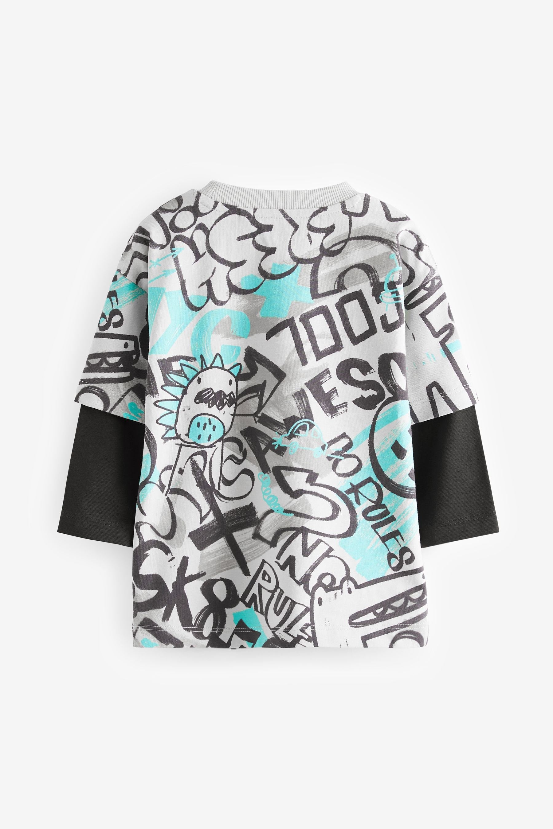 Grey/Blue Skate Sleeve Print Long Sleeve Graffiti 100% Cotton T-Shirt (3mths-7yrs)