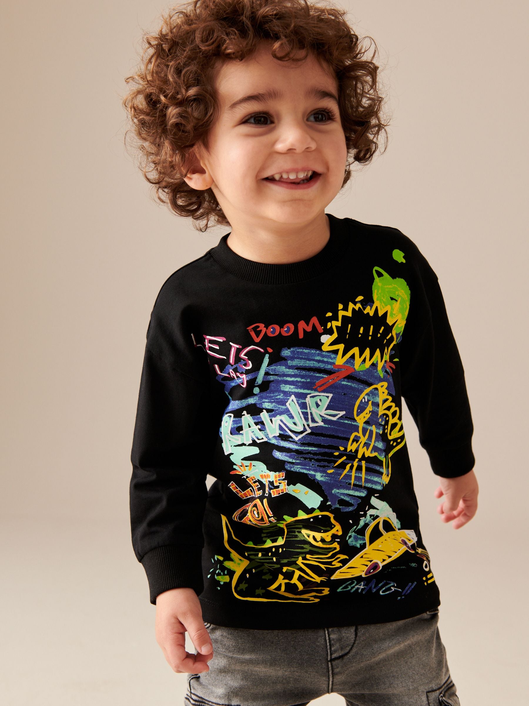 Black Dino Print Long Sleeve Graffiti 100% Cotton T-Shirt (3mths-7yrs)