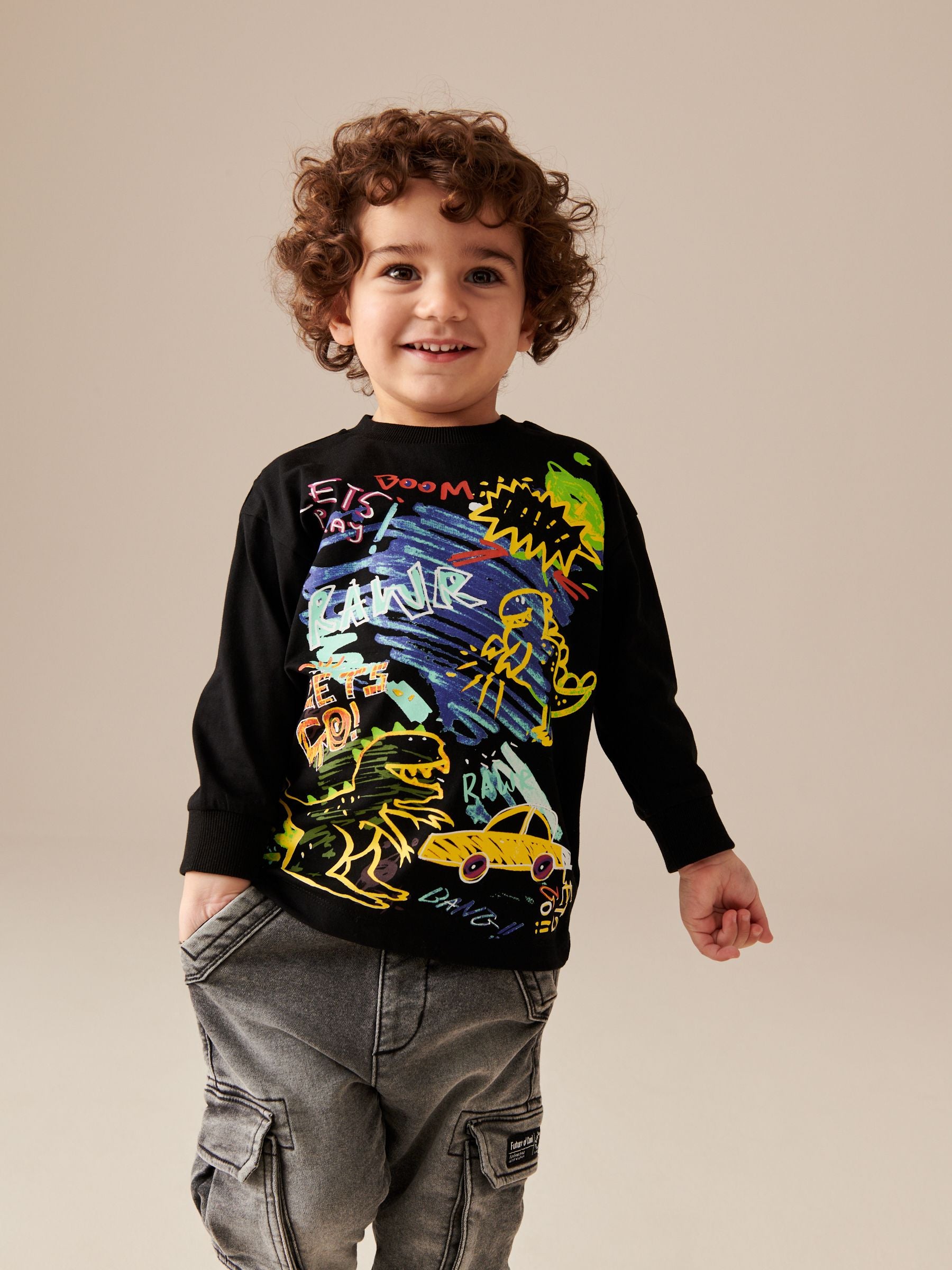 Black Dino Print Long Sleeve Graffiti 100% Cotton T-Shirt (3mths-7yrs)