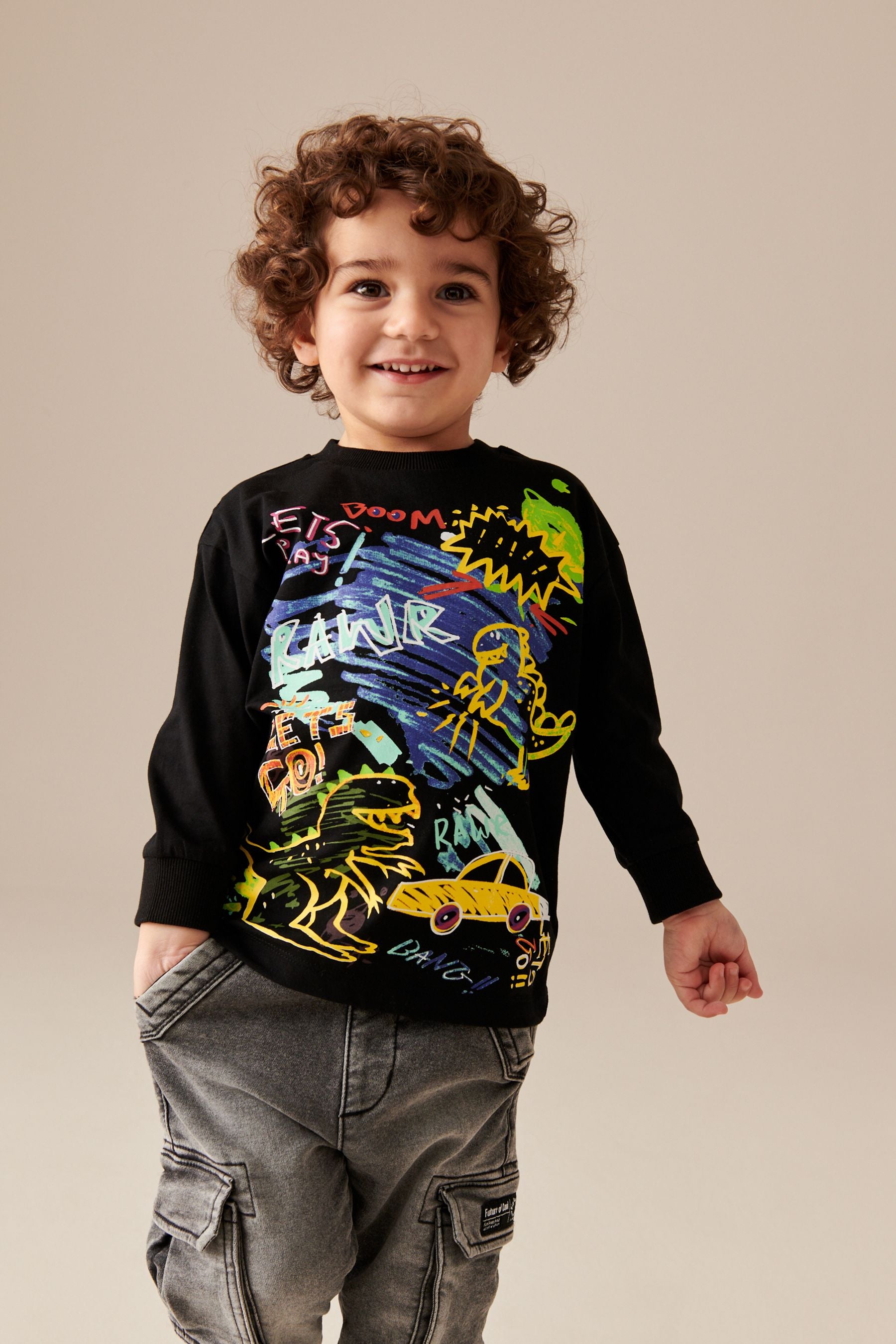 Black Dino Print Long Sleeve Graffiti 100% Cotton T-Shirt (3mths-7yrs)