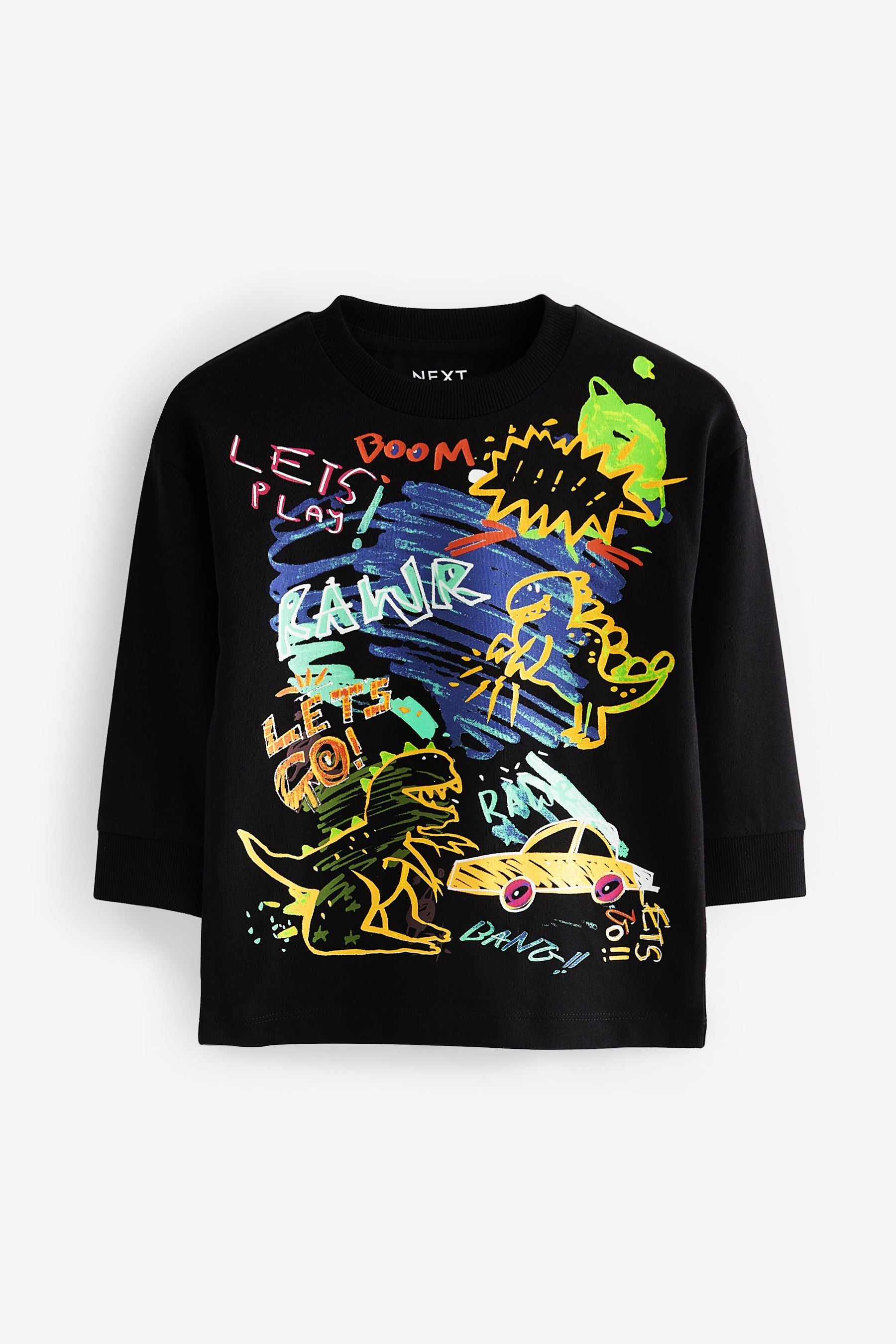 Black Dino Print Long Sleeve Graffiti 100% Cotton T-Shirt (3mths-7yrs)