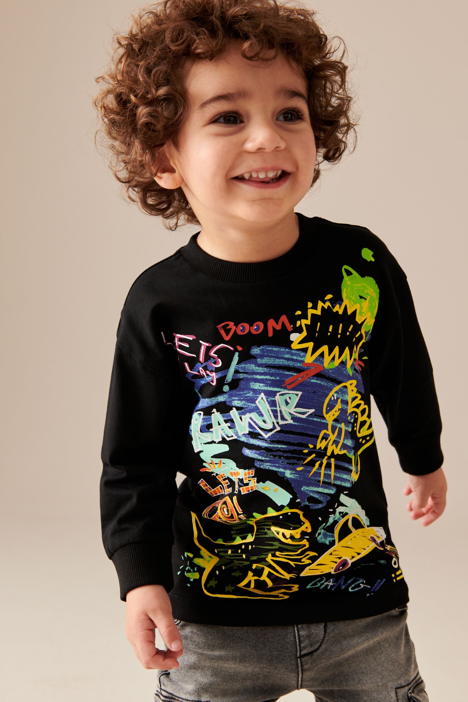 Black Dino Print Long Sleeve Graffiti 100% Cotton T-Shirt (3mths-7yrs)