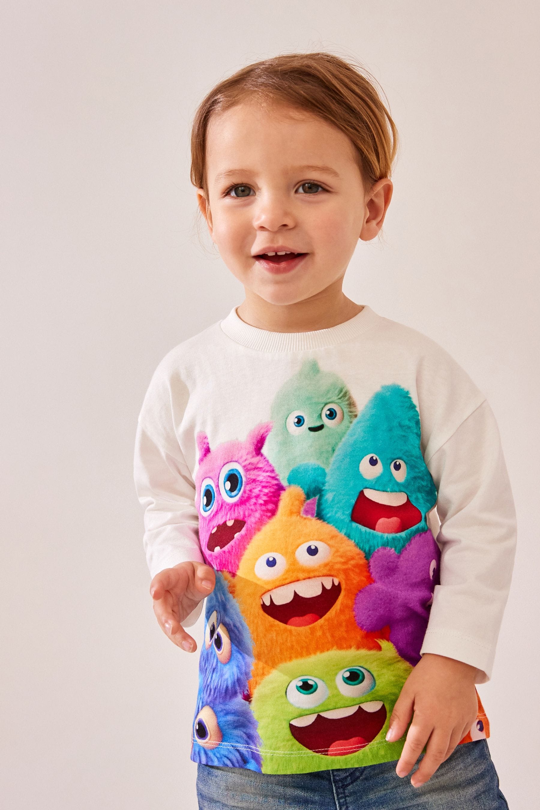 White 100% Cotton Long Sleeve Monster Character T-Shirt (3mths-7yrs)