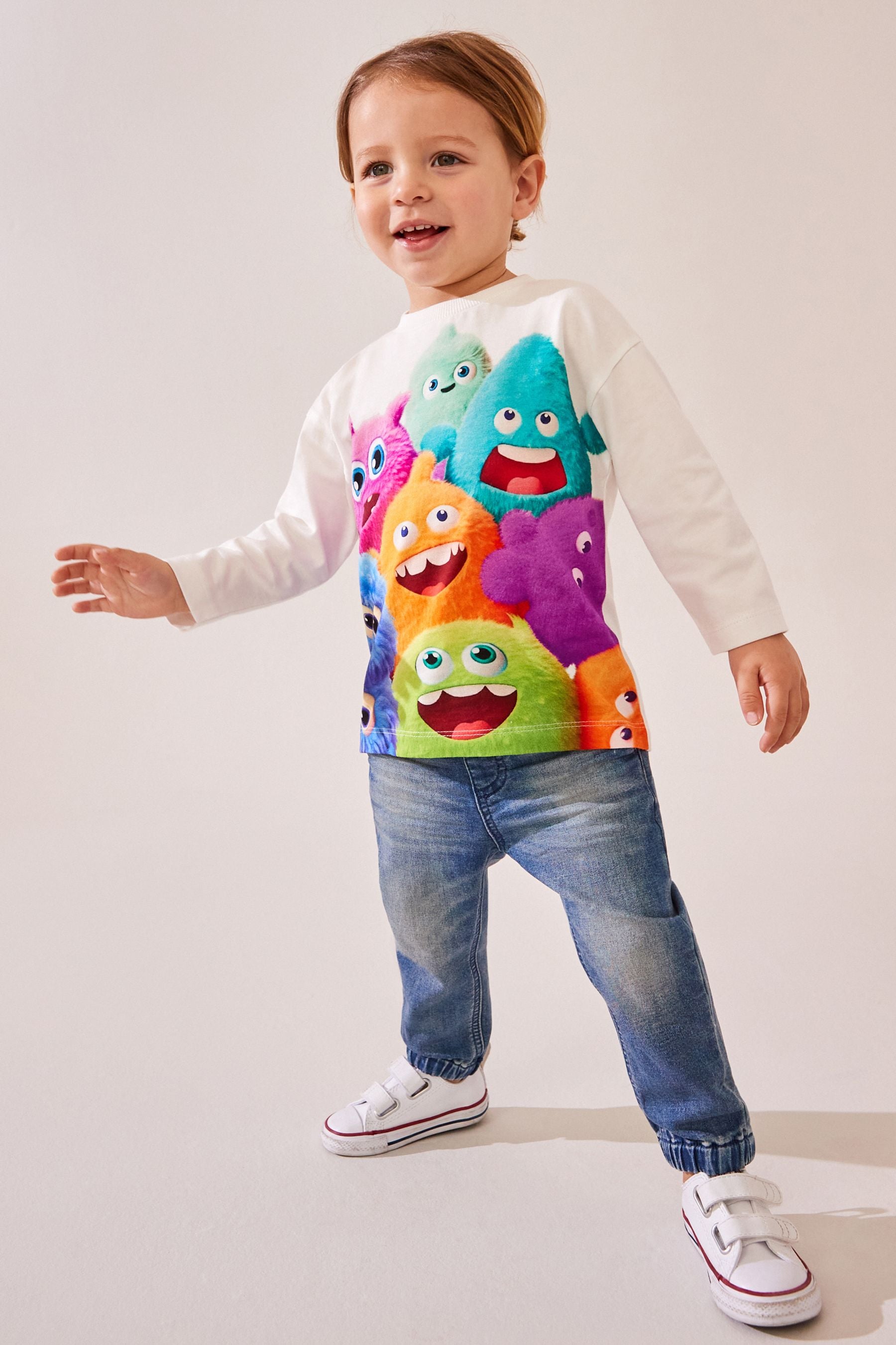 White 100% Cotton Long Sleeve Monster Character T-Shirt (3mths-7yrs)