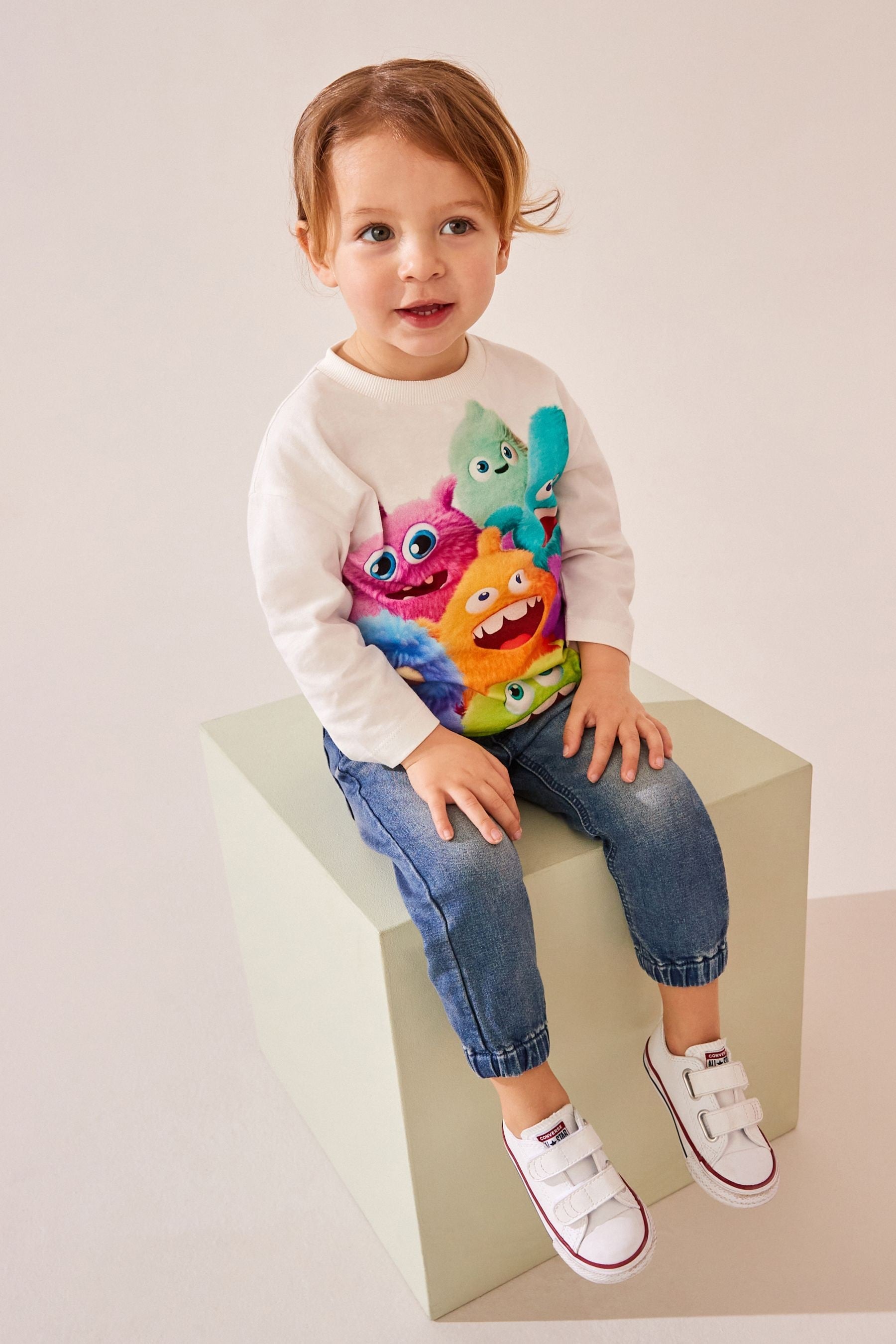 White 100% Cotton Long Sleeve Monster Character T-Shirt (3mths-7yrs)