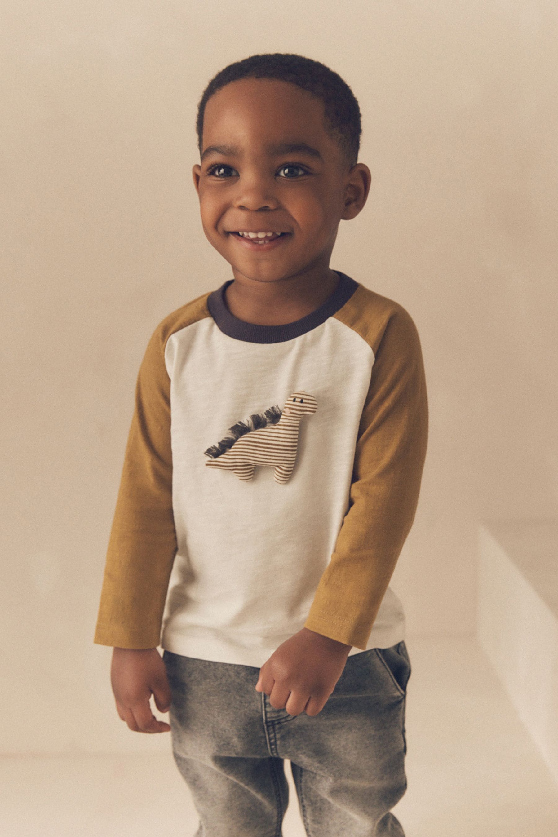 Ochre/Cream Dinosaur 100% Cotton Long Sleeve Character T-Shirt (3mths-7yrs)