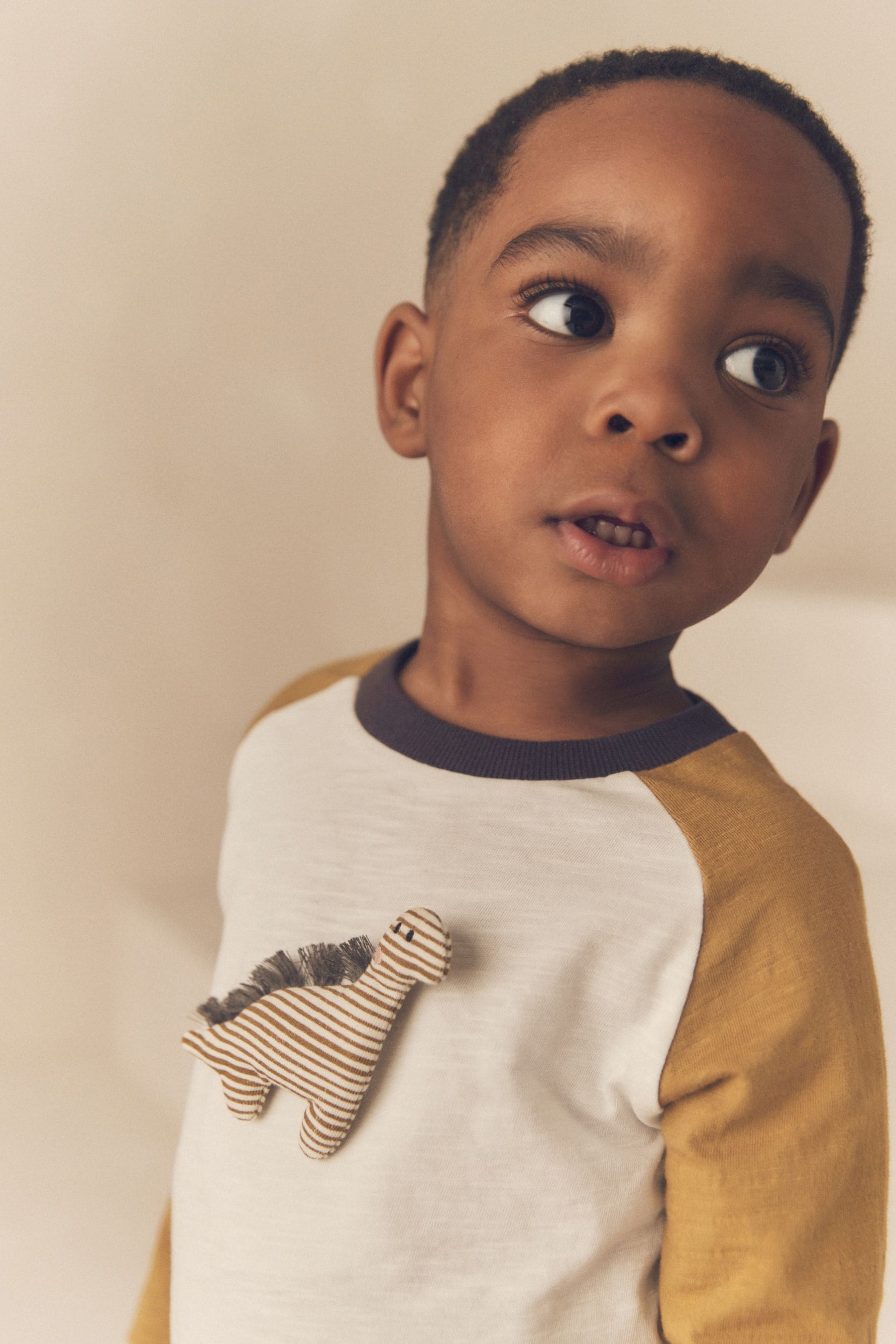 Ochre/Cream Dinosaur 100% Cotton Long Sleeve Character T-Shirt (3mths-7yrs)