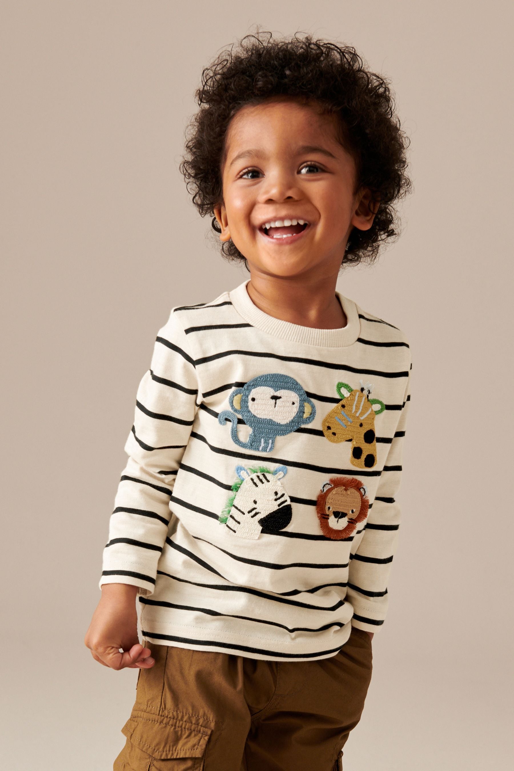 Ecru Stripe 100% Cotton Long Sleeve Character T-Shirt (3mths-7yrs)