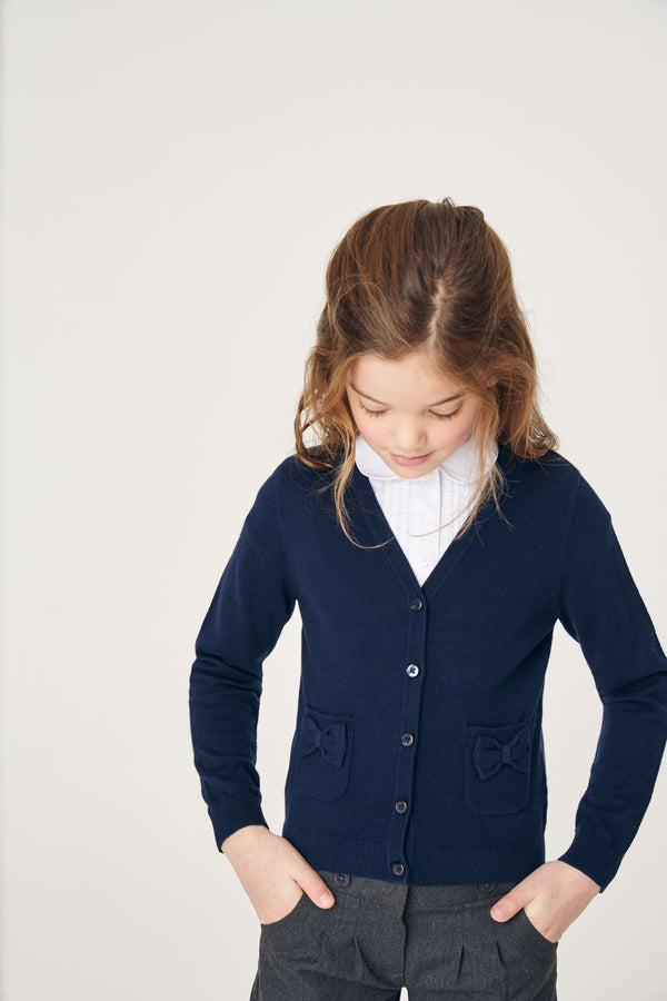 Navy Blue Cotton Rich Bow Pocket School Cardigan (3-16yrs)