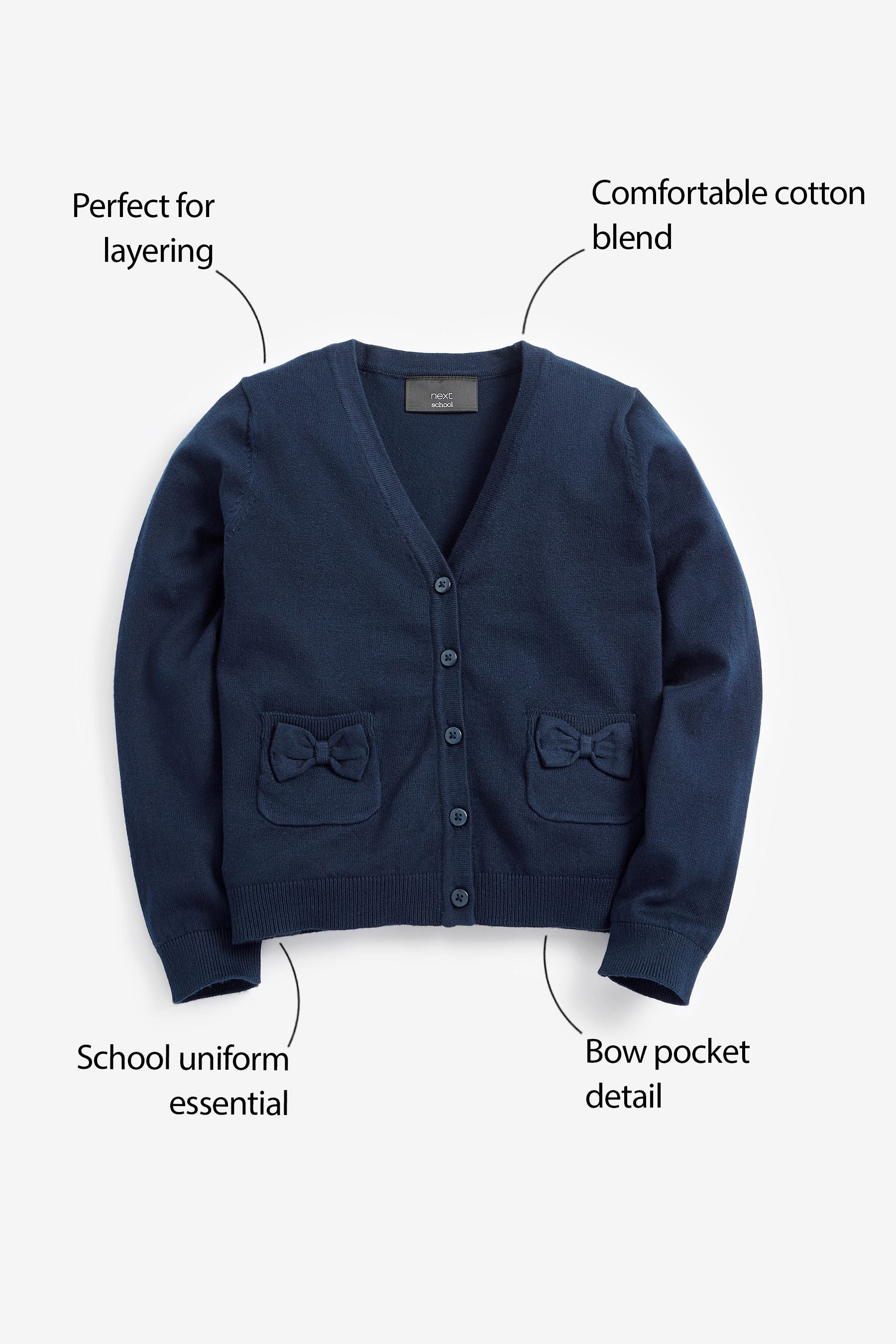 Navy Blue Cotton Rich Bow Pocket School Cardigan (3-16yrs)