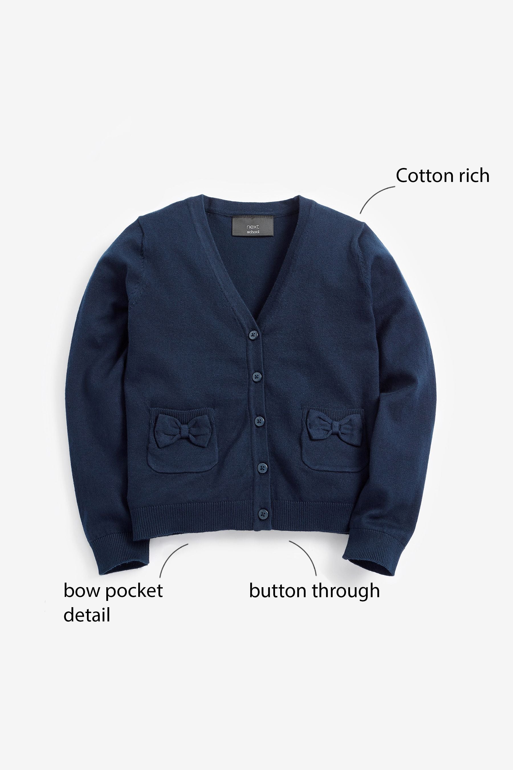 Navy Blue Cotton Rich Bow Pocket School Cardigan (3-16yrs)