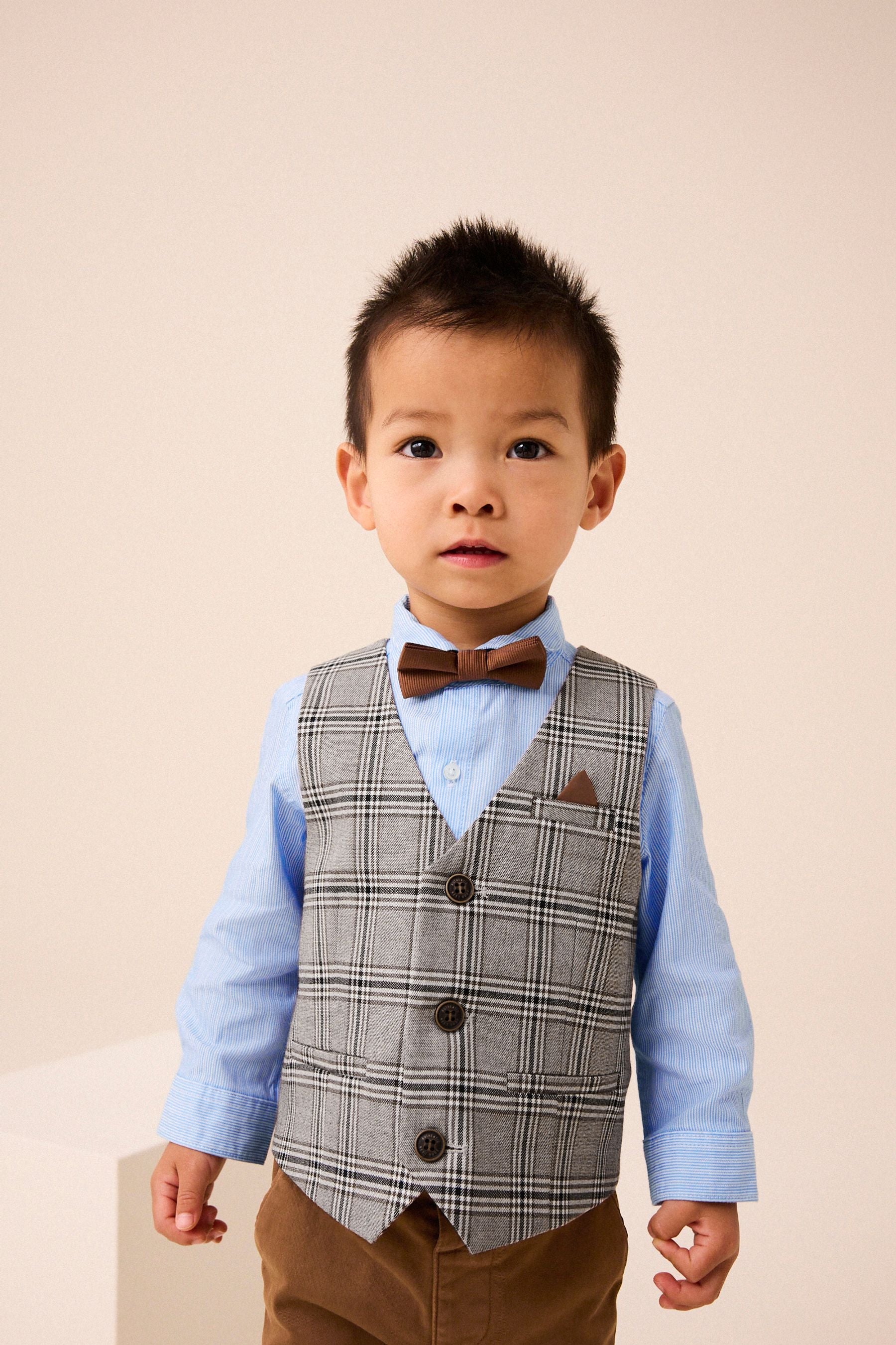 Neutral Check Waistcoat, Shirt, Trousers & Bow Tie Set (3mths-9yrs)