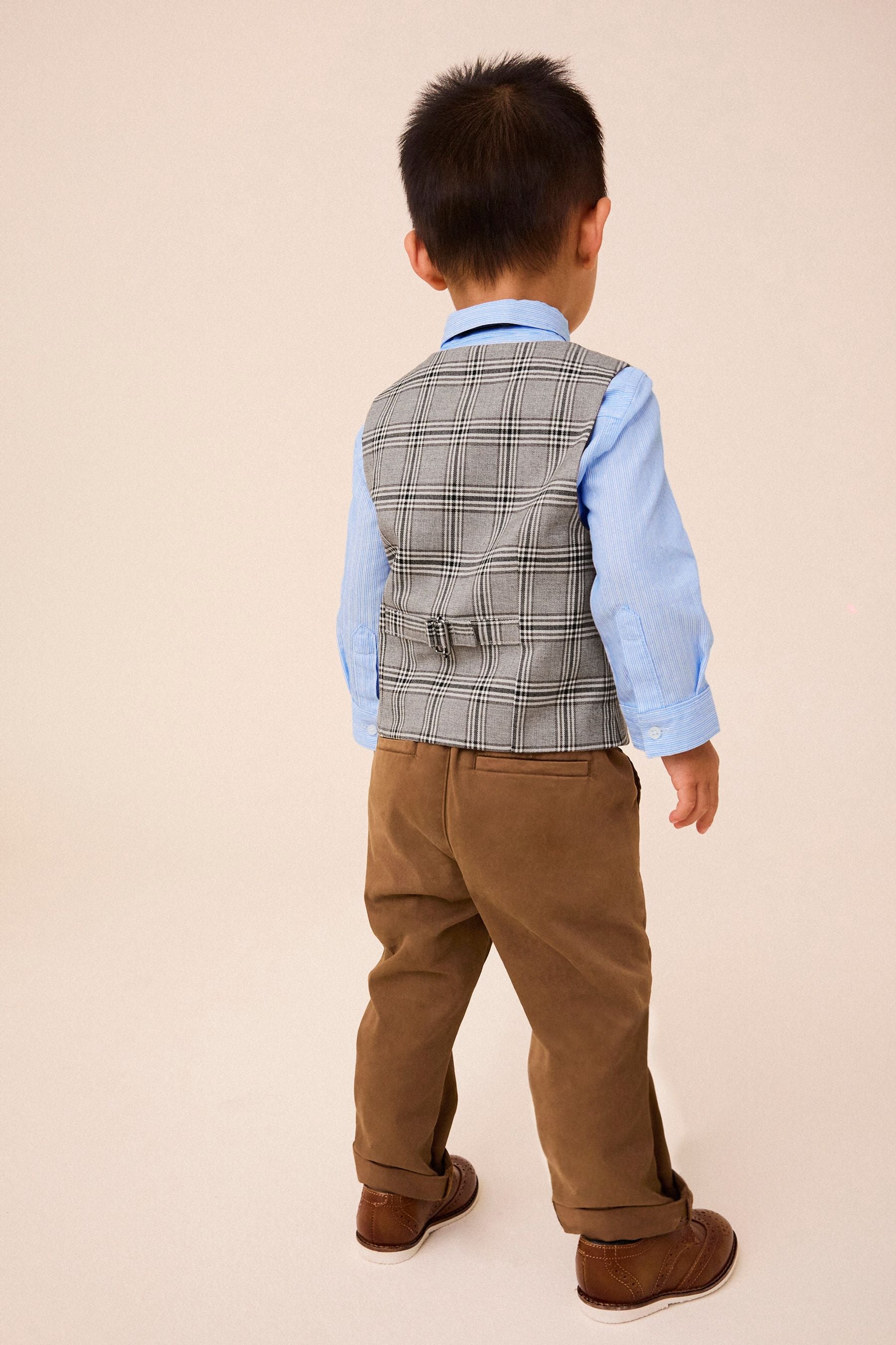 Neutral Check Waistcoat, Shirt, Trousers & Bow Tie Set (3mths-9yrs)