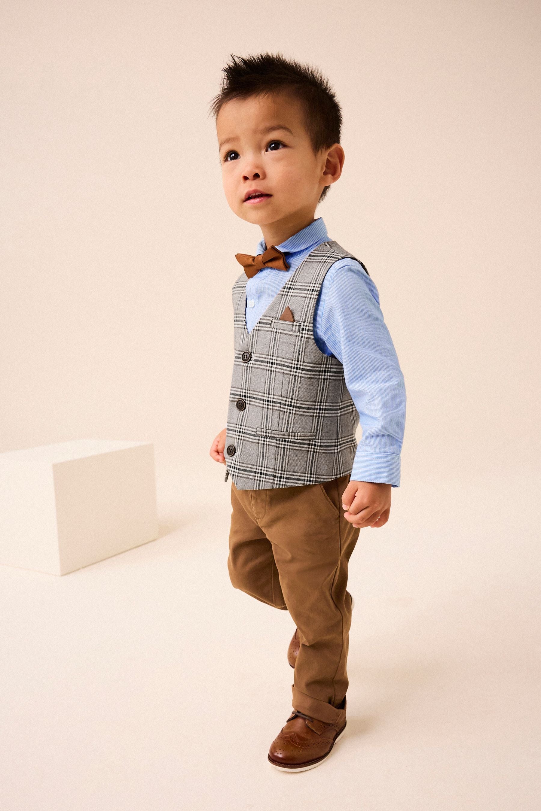 Neutral Check Waistcoat, Shirt, Trousers & Bow Tie Set (3mths-9yrs)