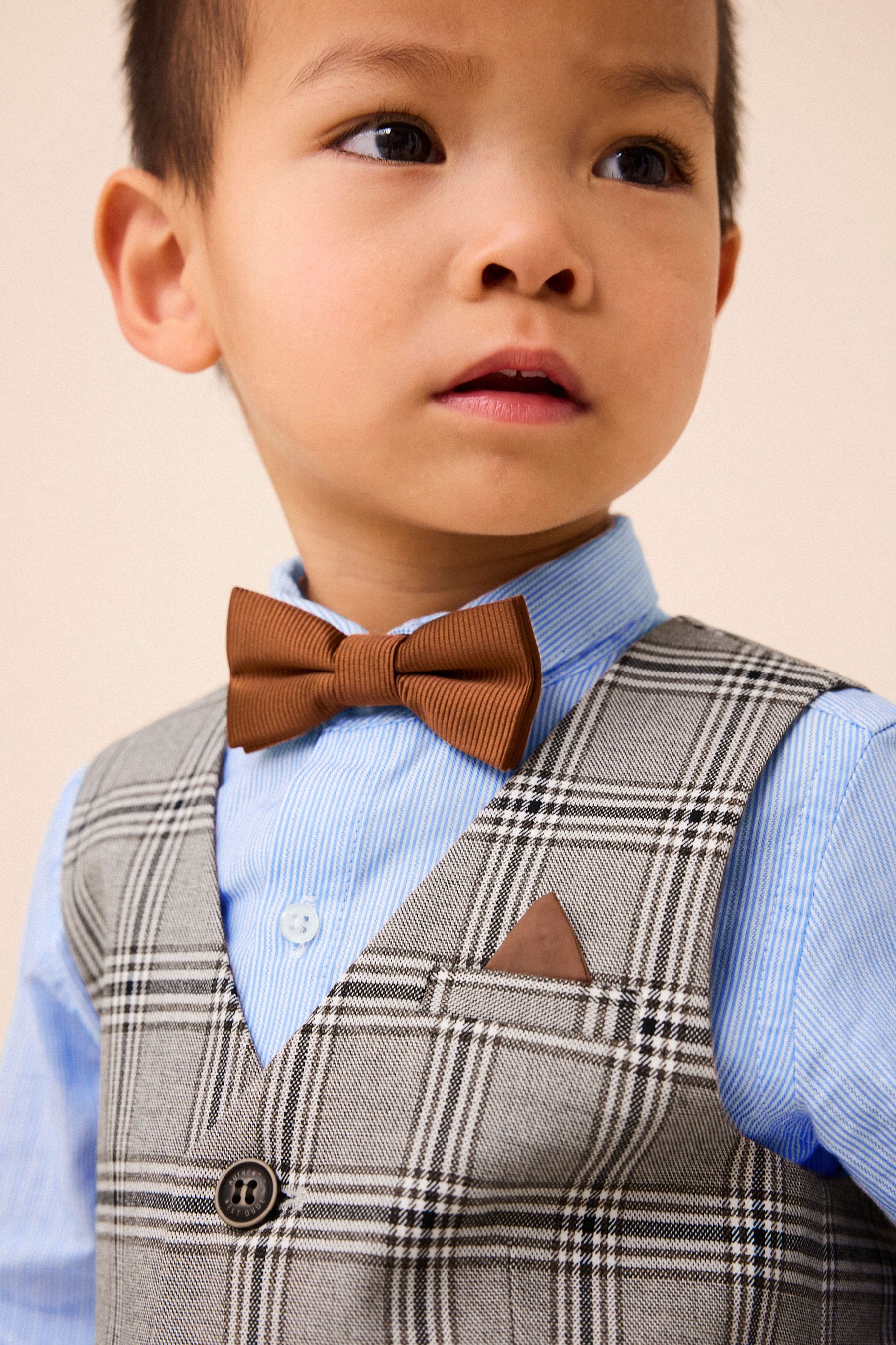 Neutral Check Waistcoat, Shirt, Trousers & Bow Tie Set (3mths-9yrs)