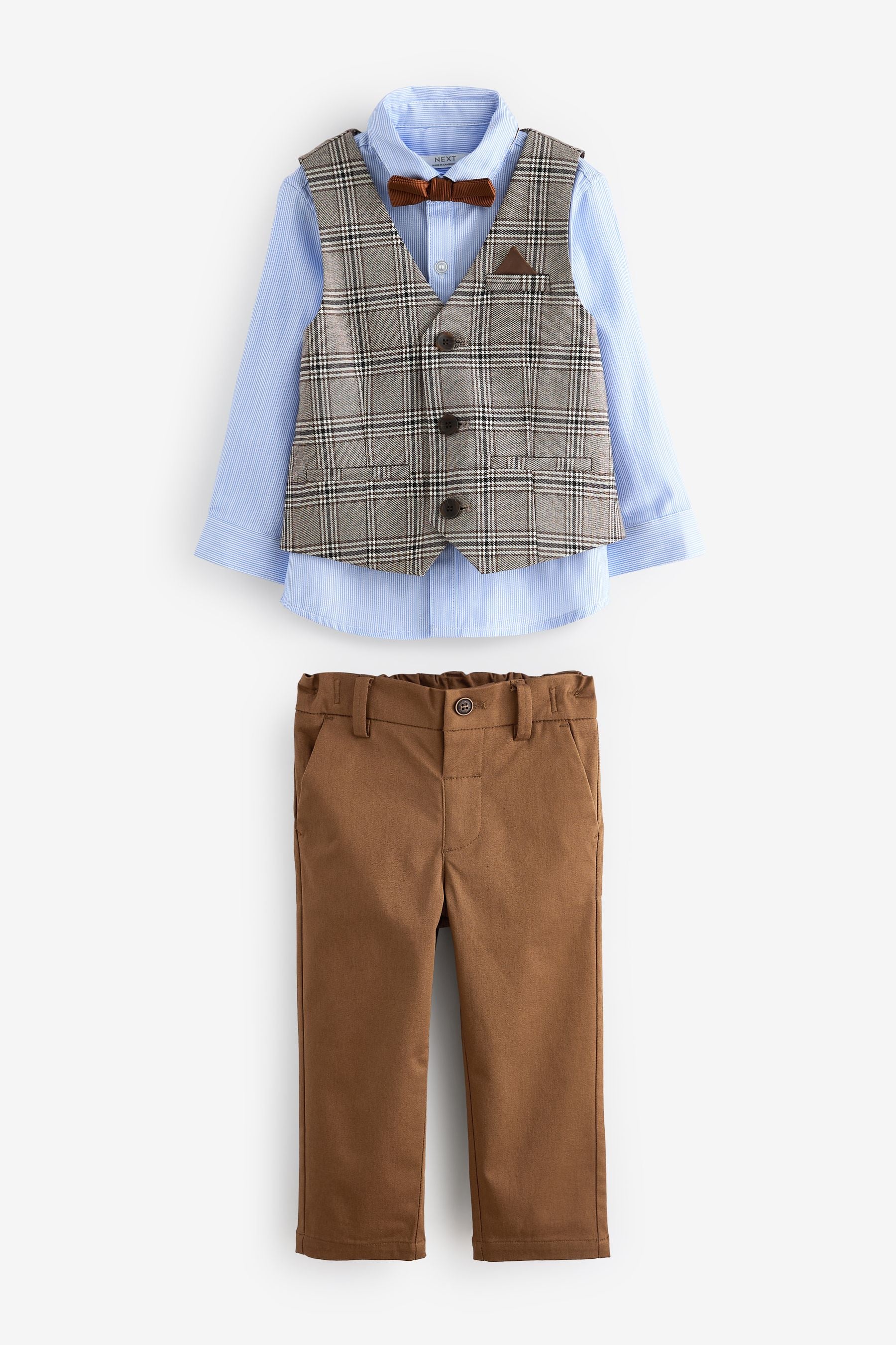 Neutral Check Waistcoat, Shirt, Trousers & Bow Tie Set (3mths-9yrs)