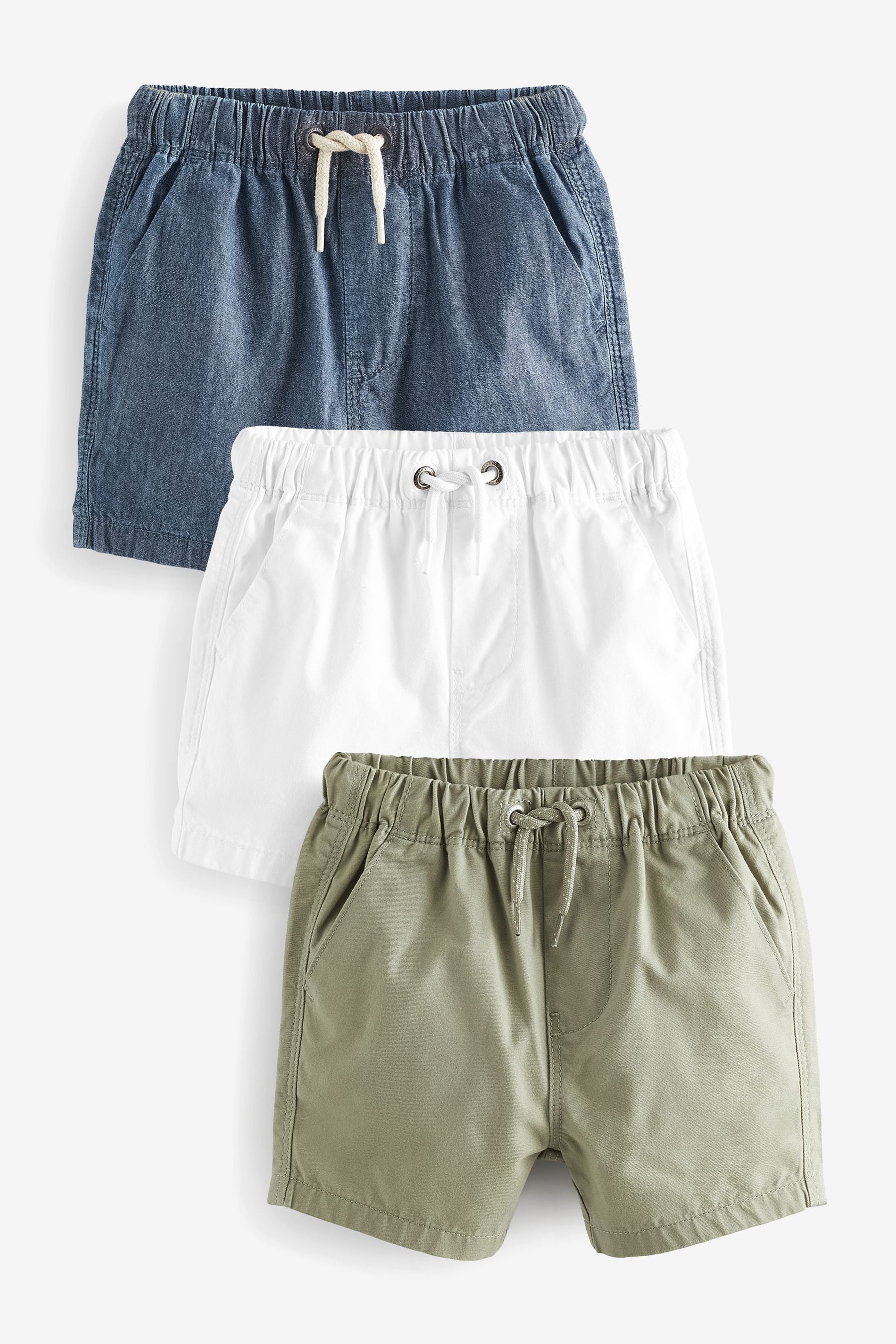 Sage/Chambray/White Pull-On 100% Cotton Shorts 3 Pack (3mths-7yrs)