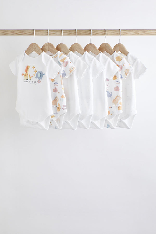 White Noahs Ark Baby Short Sleeve 100% Cotton Bodysuits 7 Pack