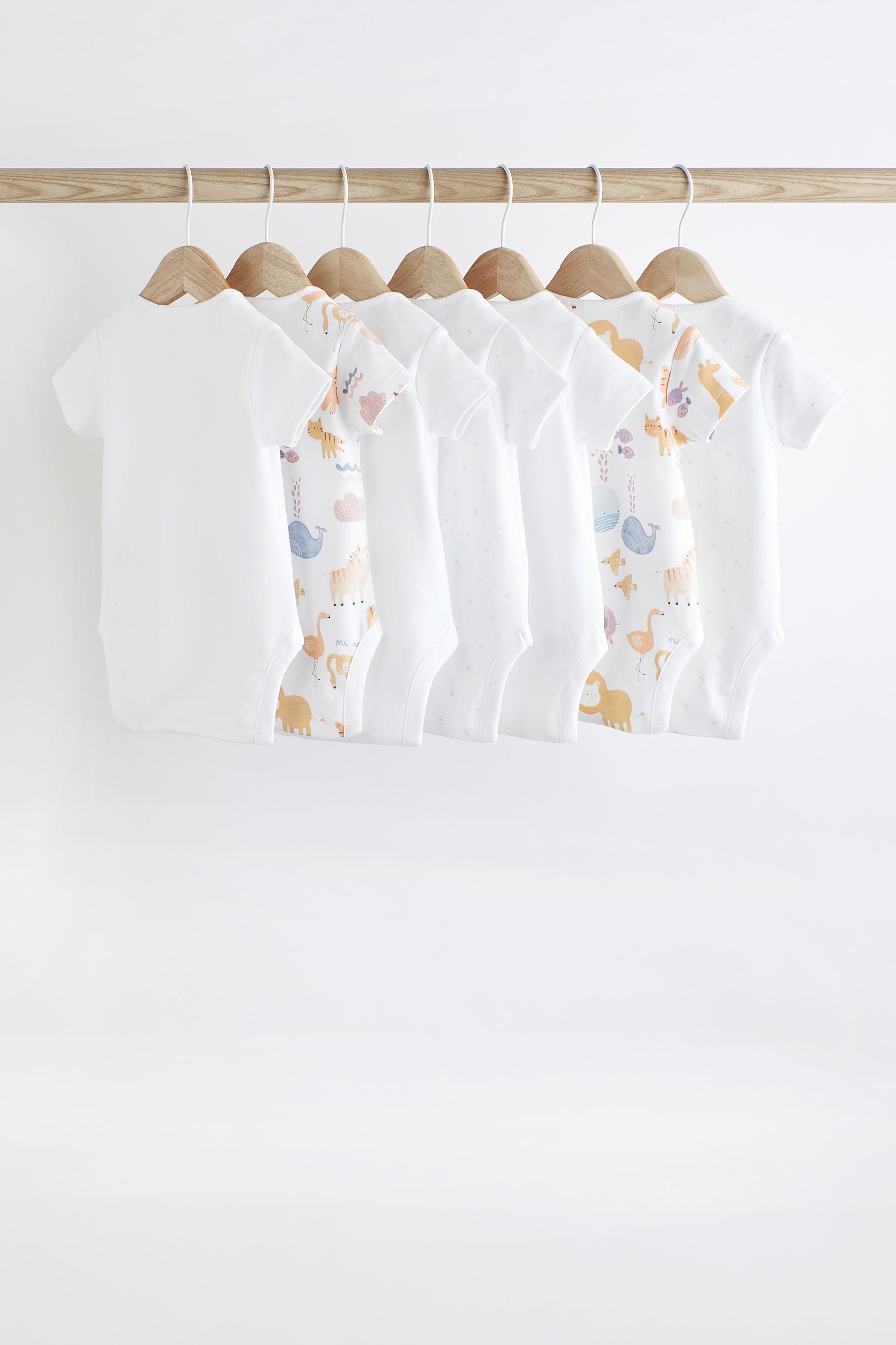 White Noahs Ark 7 Pack Short Sleeve Baby Bodysuits