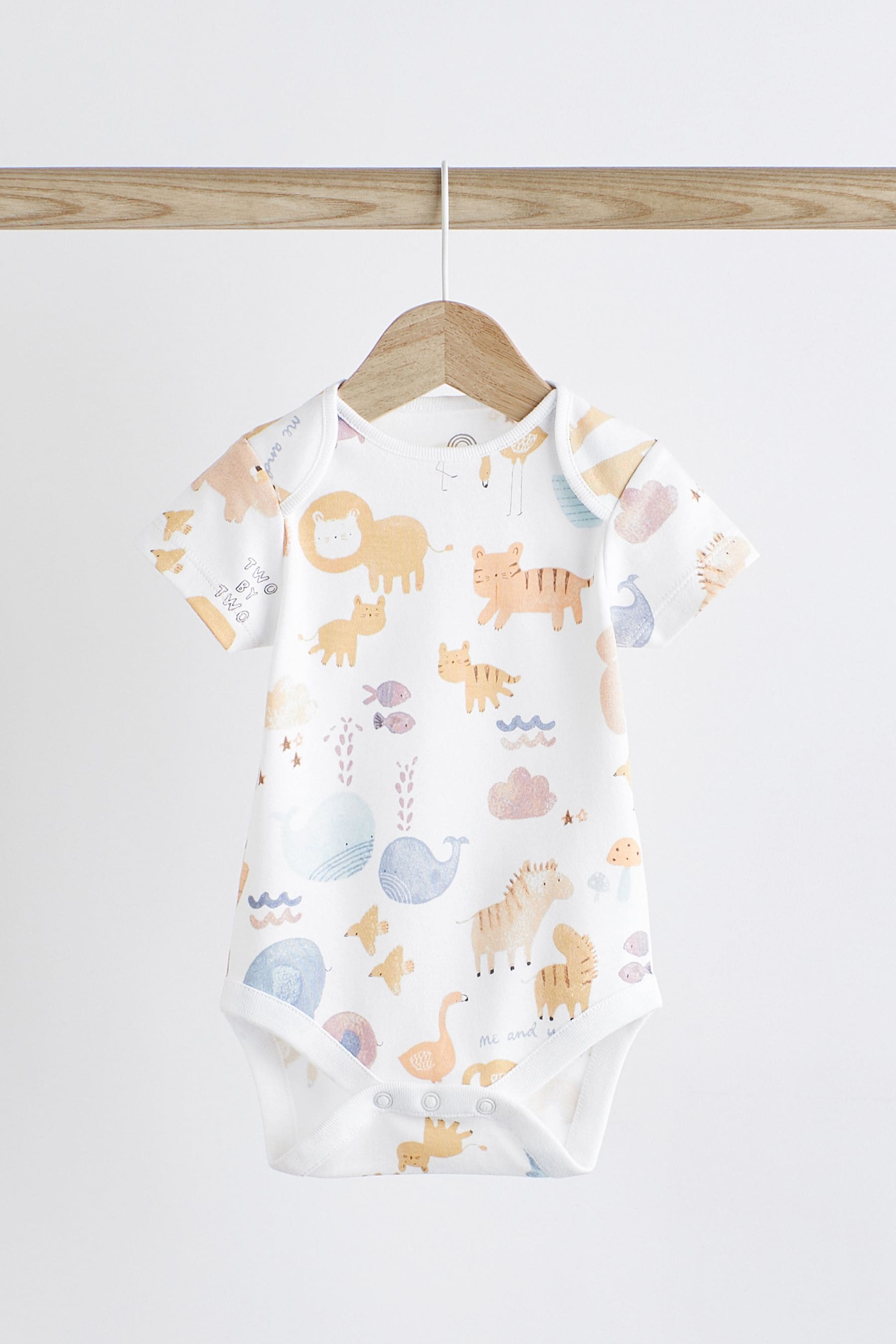 White Noahs Ark 7 Pack Short Sleeve Baby Bodysuits