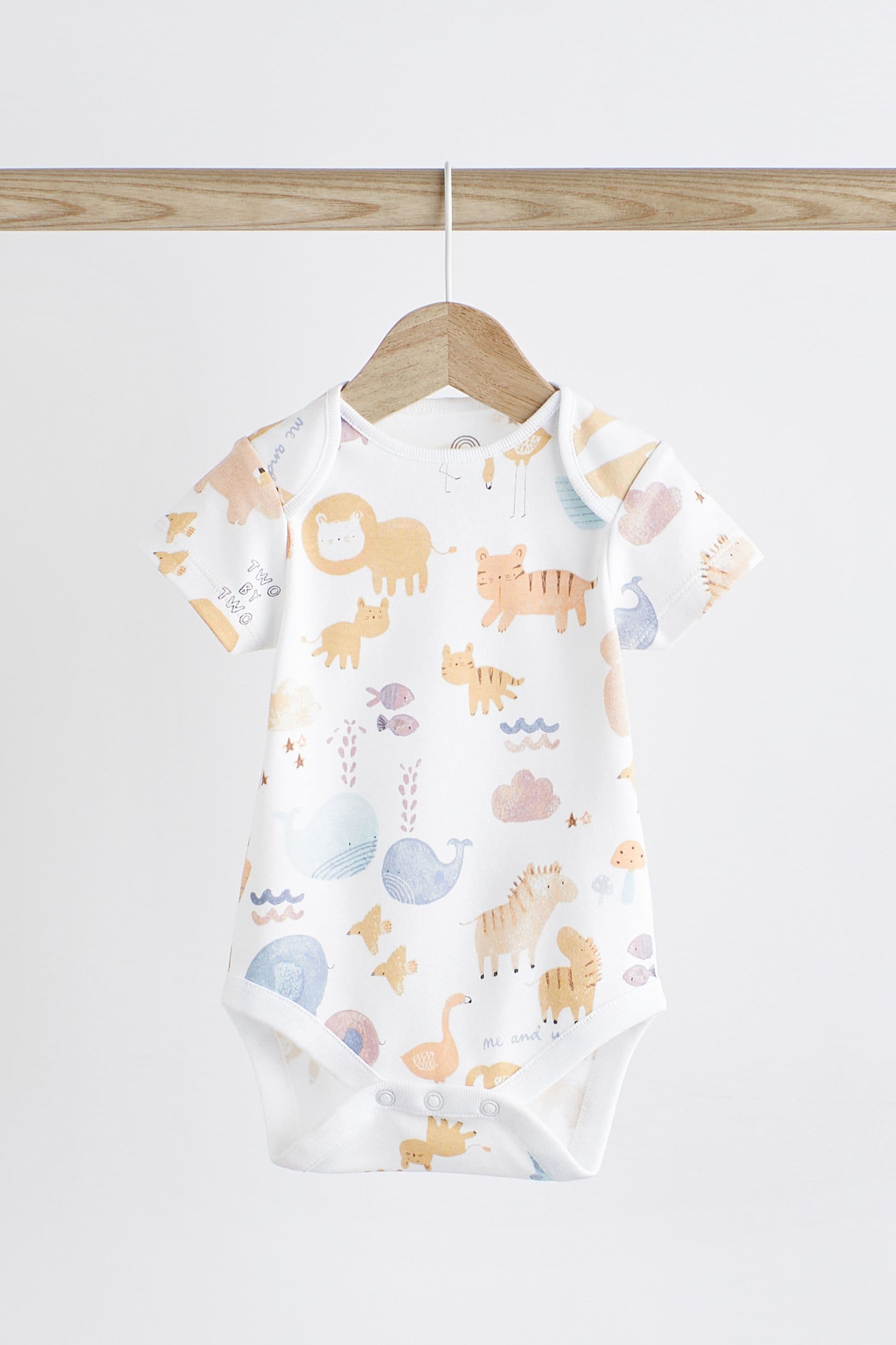 White Noahs Ark 7 Pack Short Sleeve Baby Bodysuits