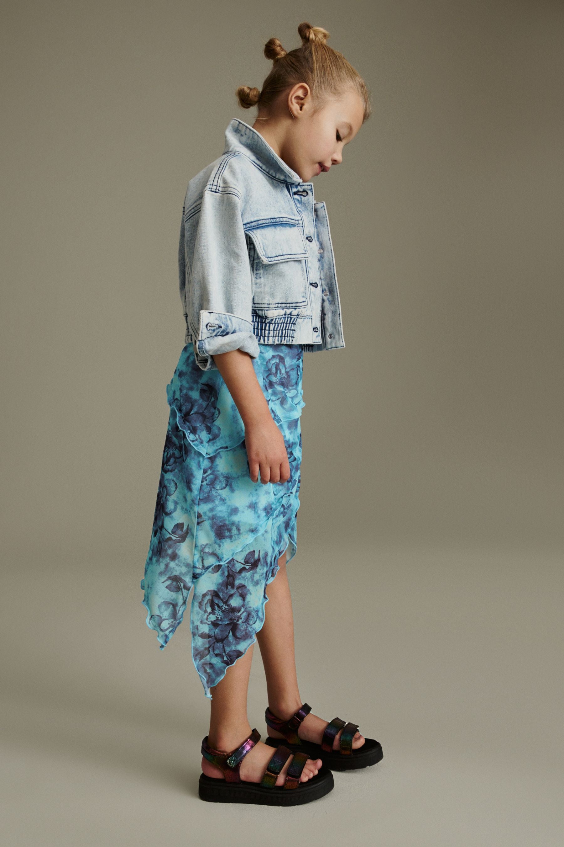 Multi Blue Floral Printed Asymmetric Skirt (3-16yrs)