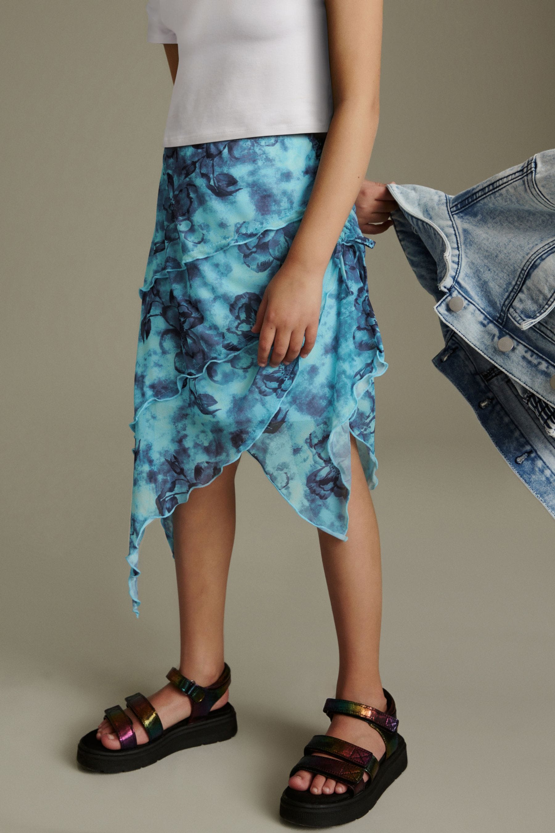 Multi Blue Floral Printed Asymmetric Skirt (3-16yrs)