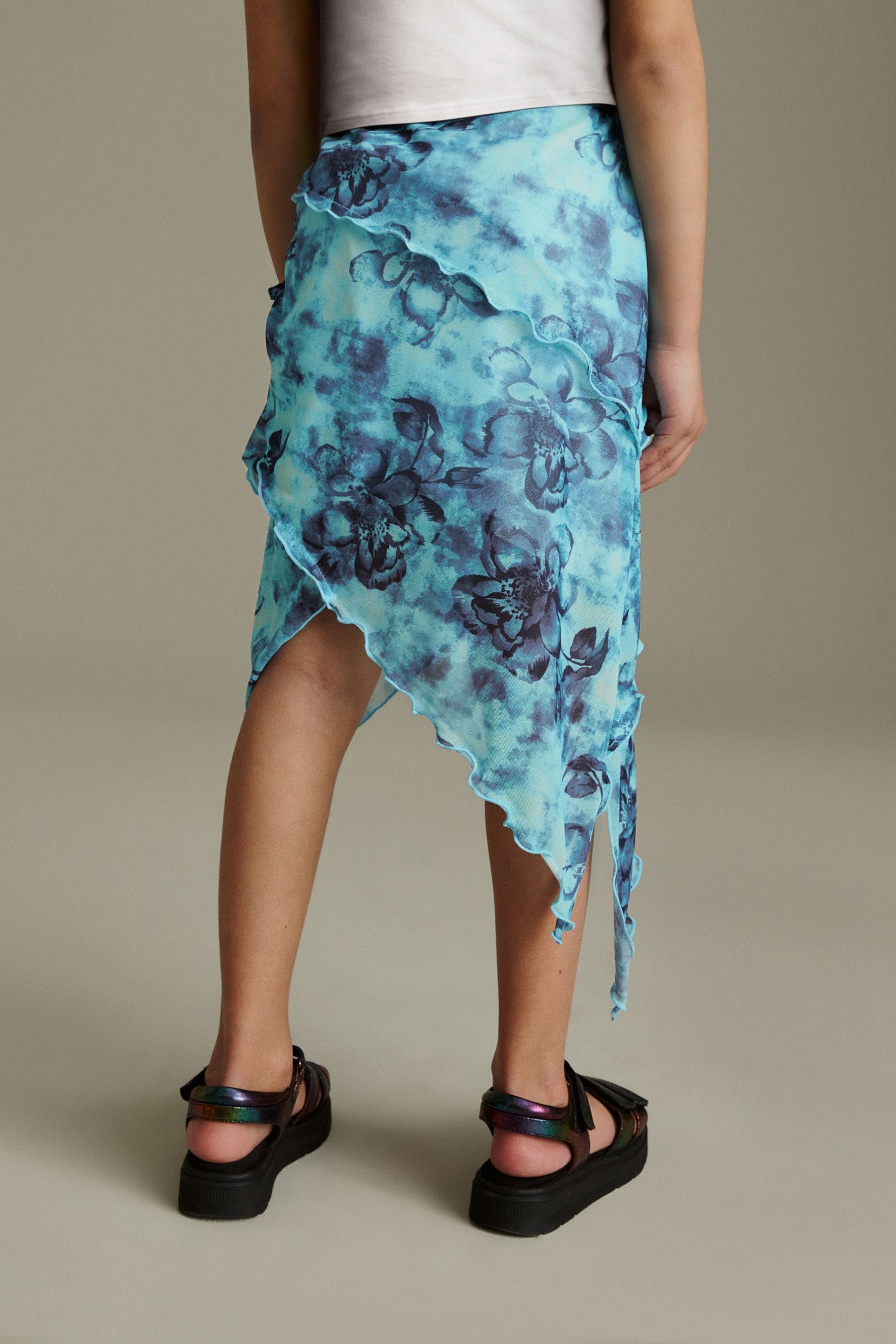 Multi Blue Floral Printed Asymmetric Skirt (3-16yrs)