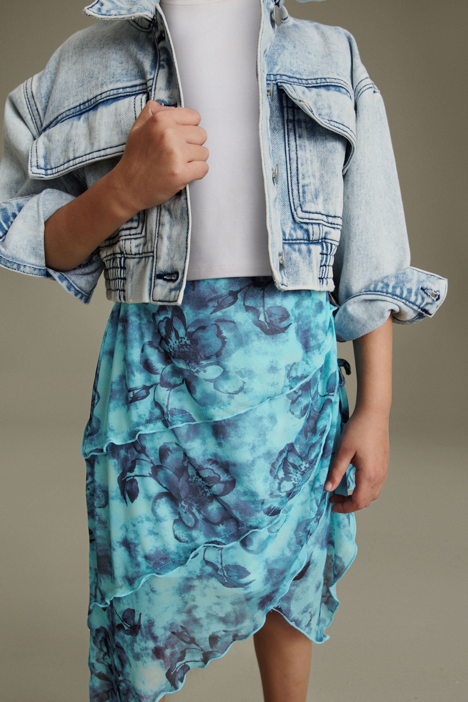 Multi Blue Floral Printed Asymmetric Skirt (3-16yrs)