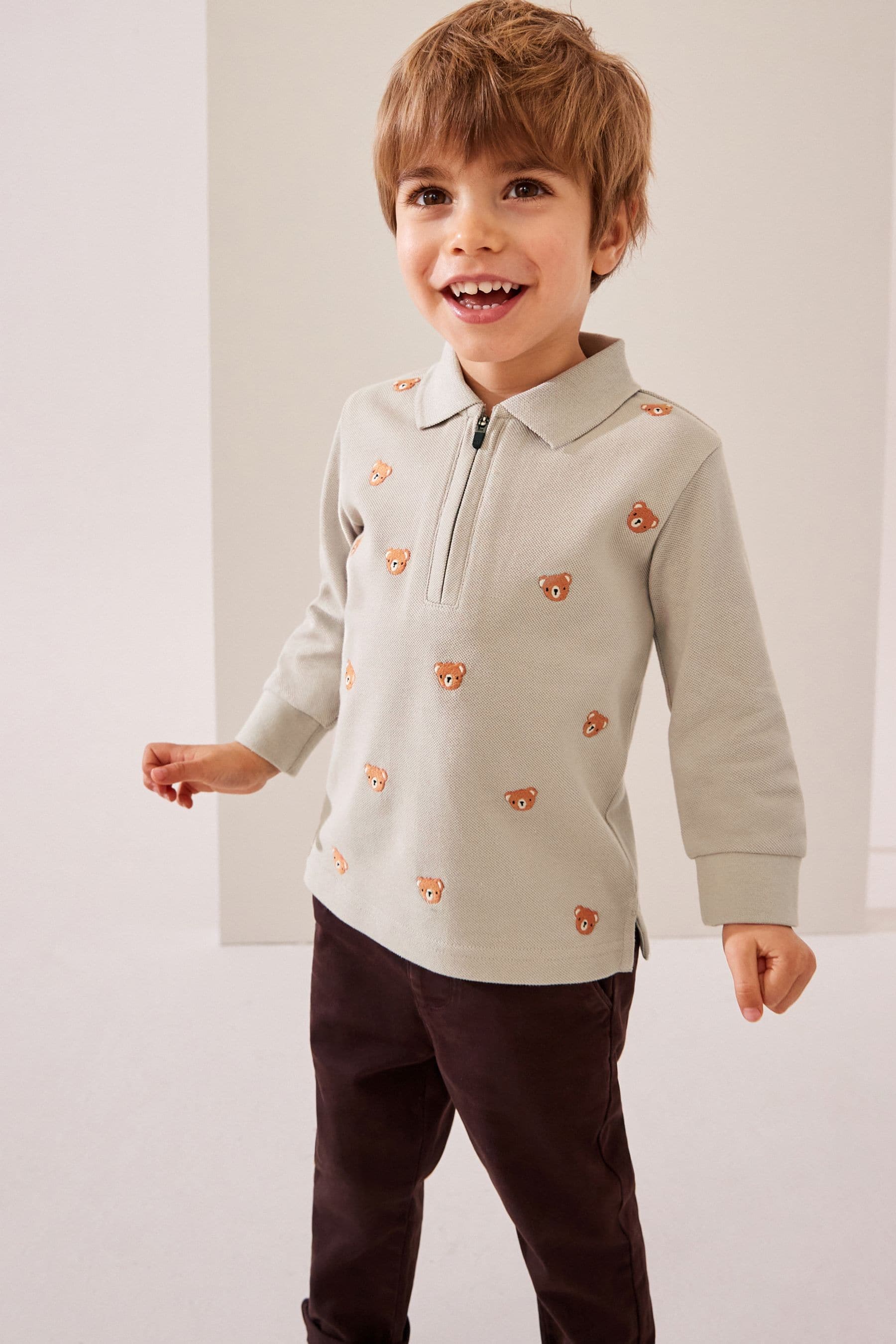 Neutral Bears Long Sleeve Quarter Zip 100% Cotton All-Over Embroidered Polo Shirt (3mths-7yrs)