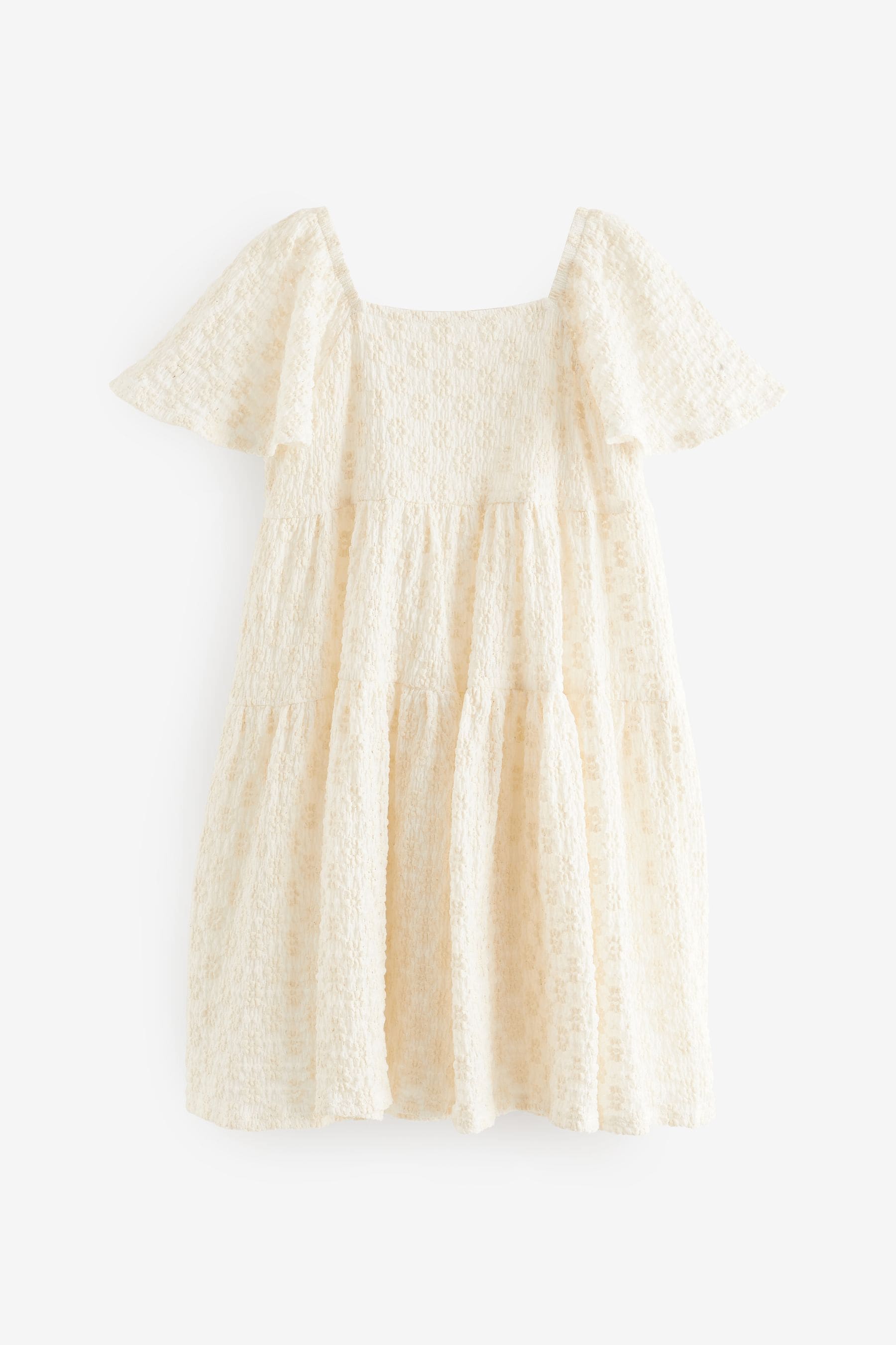 Ecru White Jersey Textured Angel Sleeve Dress (3-16yrs)