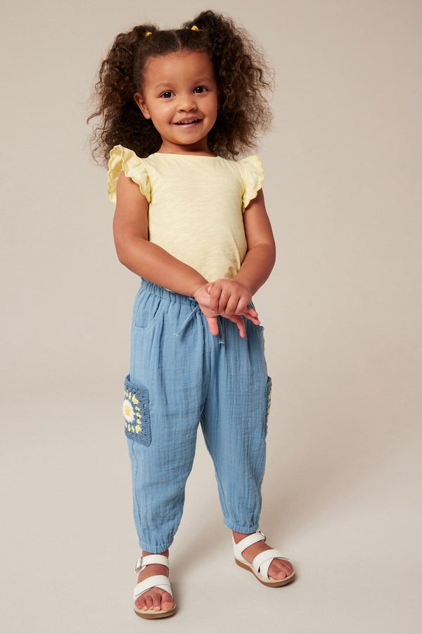 Blue 100% Cotton Crochet Pocket Trousers (3mths-7yrs)