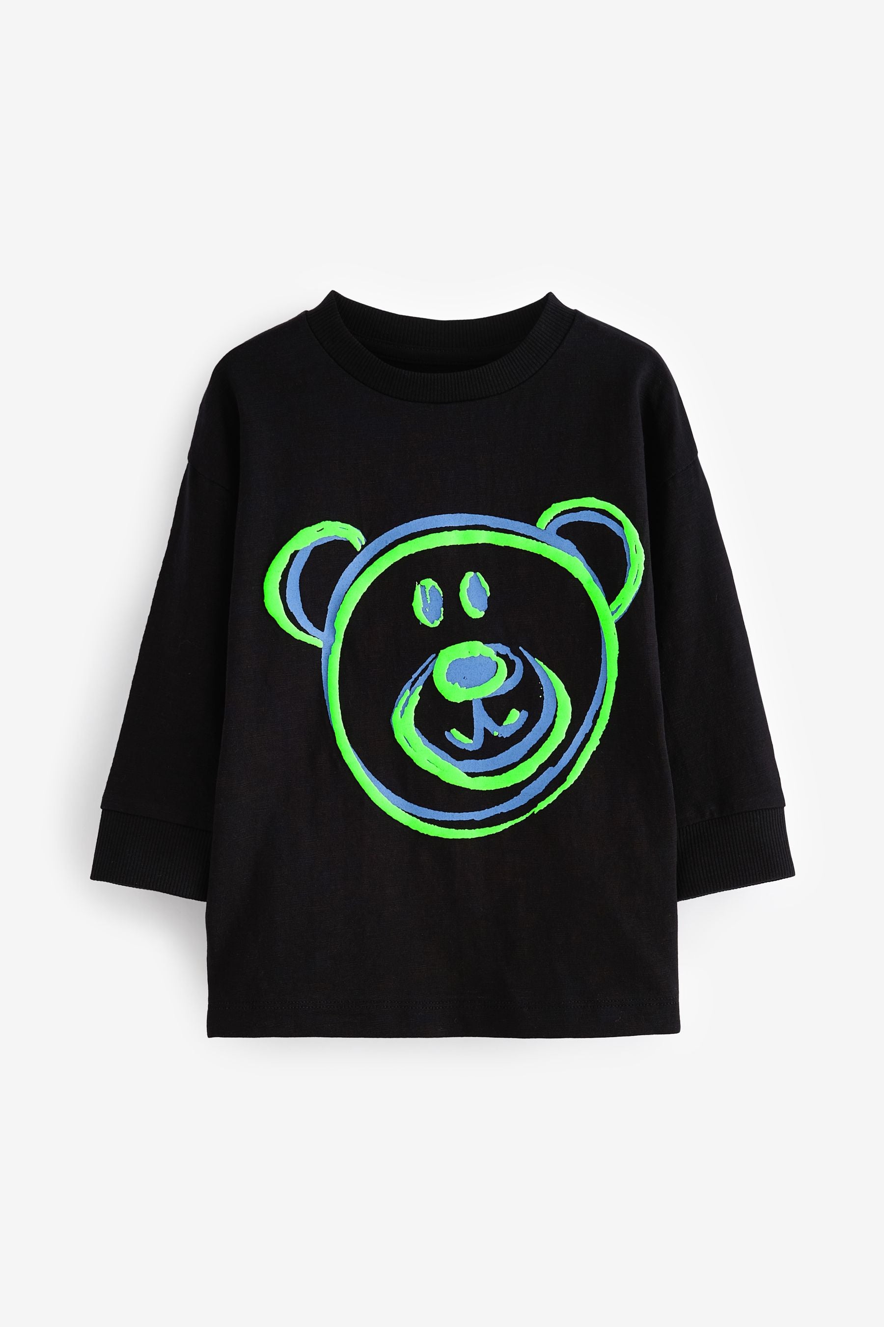 Green/Black Bear 100% Cotton Long Sleeve Animal Print Character T-Shirts 3 Pack (3mths-7yrs)