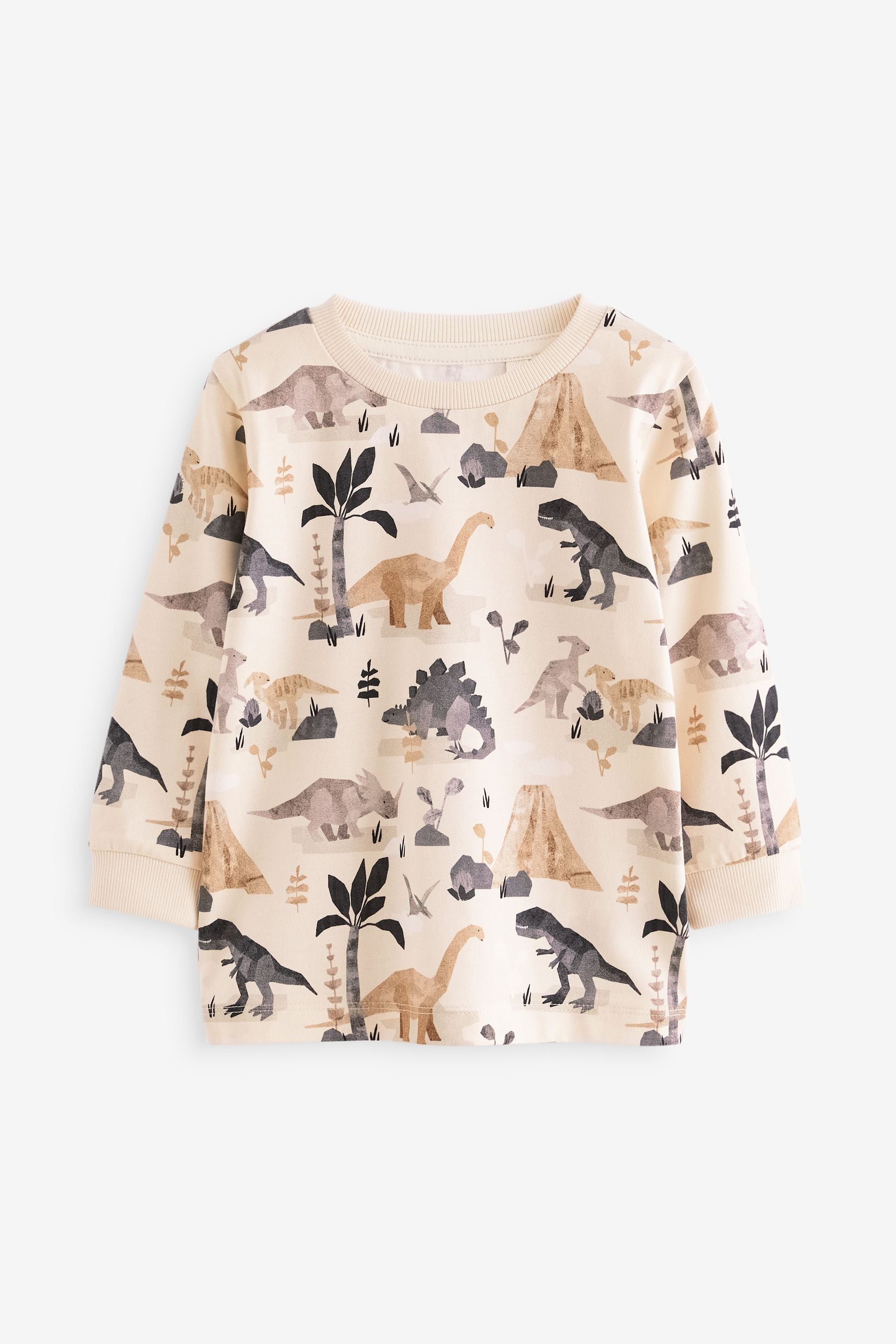 Neutral Dinosaur 100% Cotton Long Sleeve Animal Print Character T-Shirts 3 Pack (3mths-7yrs)