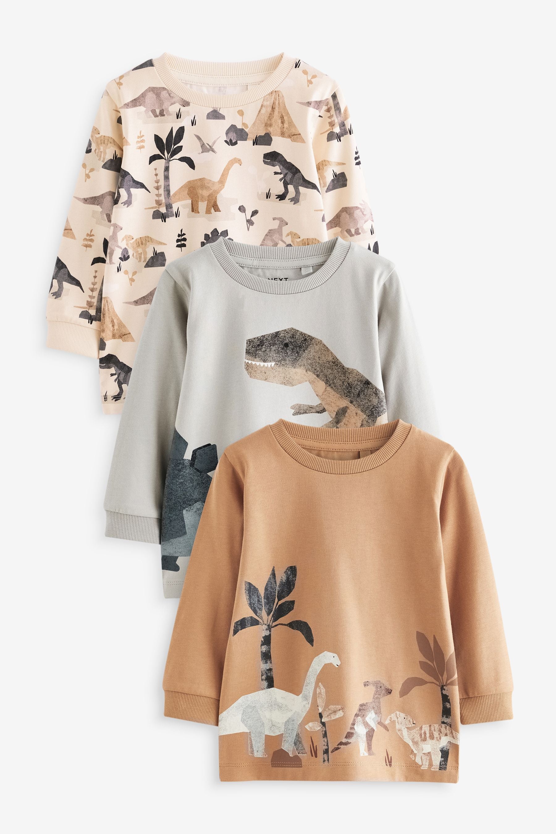 Neutral Dinosaur 100% Cotton Long Sleeve Animal Print Character T-Shirts 3 Pack (3mths-7yrs)