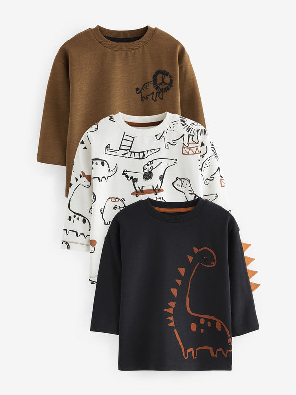 Brown/White Dinosaur 100% Cotton Long Sleeve Animal Print Character T-Shirts 3 Pack (3mths-7yrs)