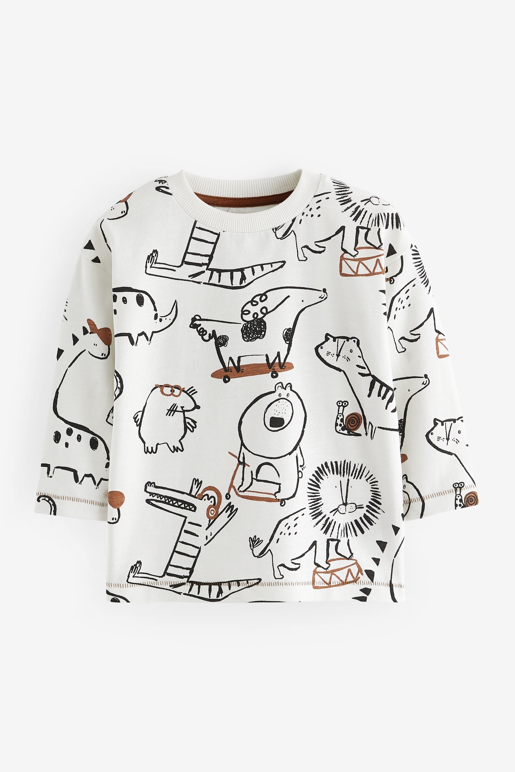 Brown/White Dinosaur 100% Cotton Long Sleeve Animal Print Character T-Shirts 3 Pack (3mths-7yrs)