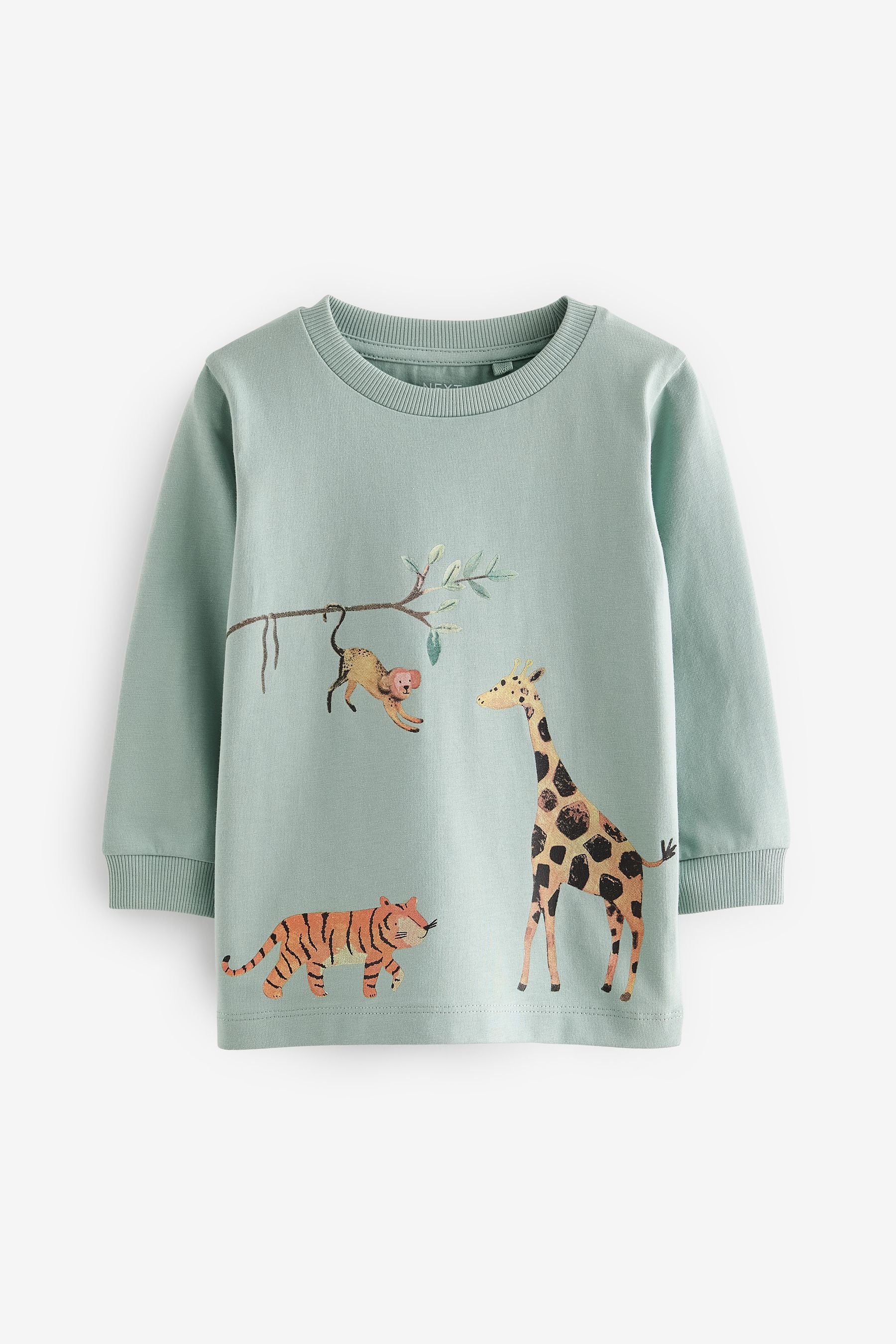 Blue/Yellow Safari 100% Cotton Long Sleeve Animal Print Character T-Shirts 3 Pack (3mths-7yrs)