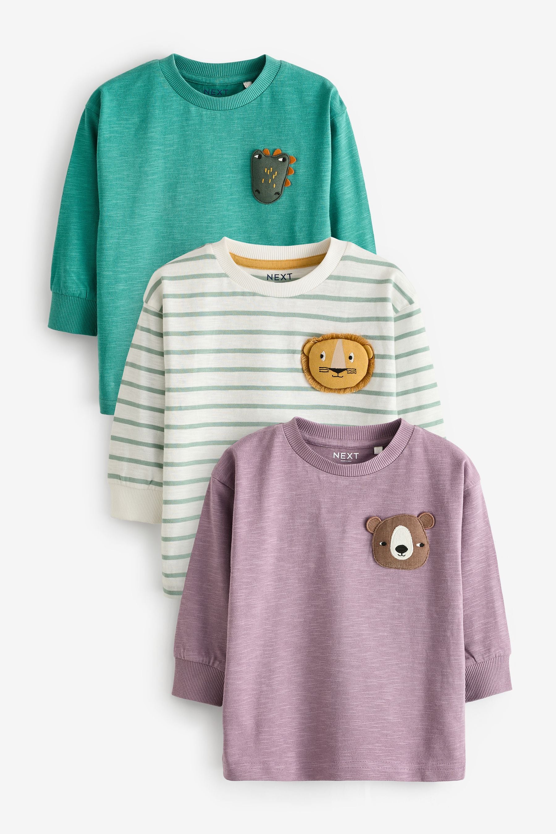 Green/Purple 100% Cotton Long Sleeve Animal Print Character T-Shirts 3 Pack (3mths-7yrs)