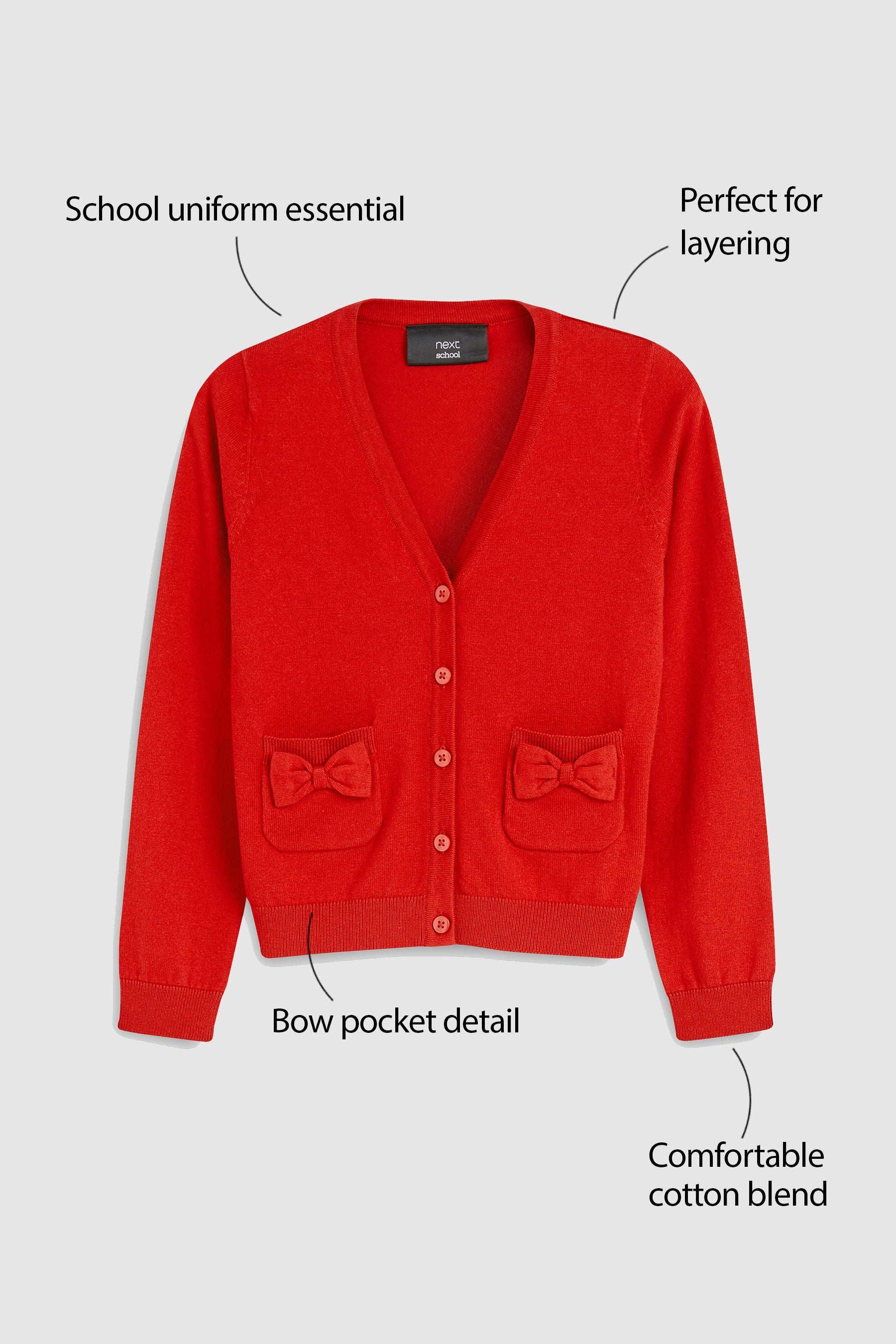 Red Cotton Rich Bow Pocket School Cardigan (3-16yrs)